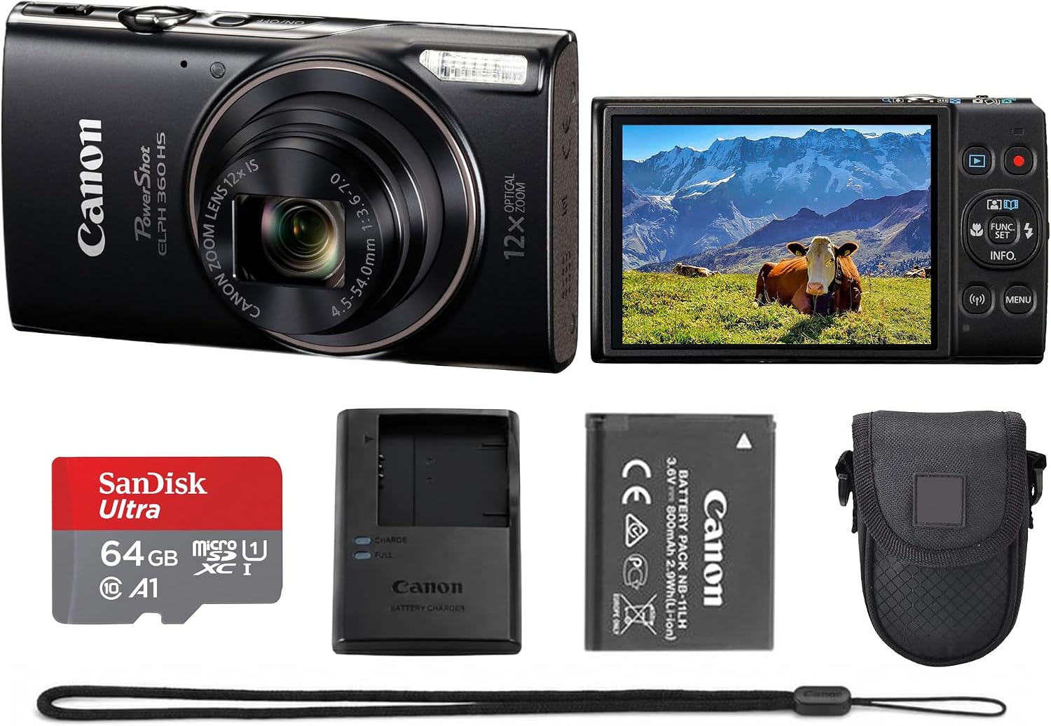 Canon PowerShot ELPH 360 HS A 20.2MP Digital Camera (Black) Bundle