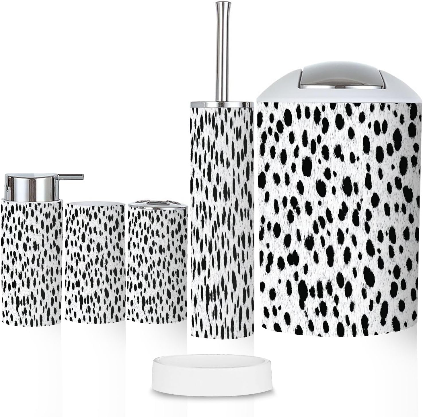 Bathroom Accessory Set 6PCS Design Irregular Ink Black Spots White Trash Can, Soap Dispenser, Toothbrush Holder, Toothbrush Cup, Toilet Brush Holder, Soap Dish for Gifts