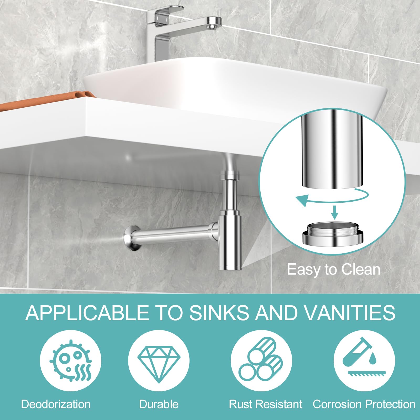 Sifón Diseño para Lavabo, Sifón Universal para Fregadero, Sifón Lavabo Universal 1 1/4", Sifón de Olores con Apertura de Limpieza, Altura Ajustable, para Fregadero y Lavadero, Cromado