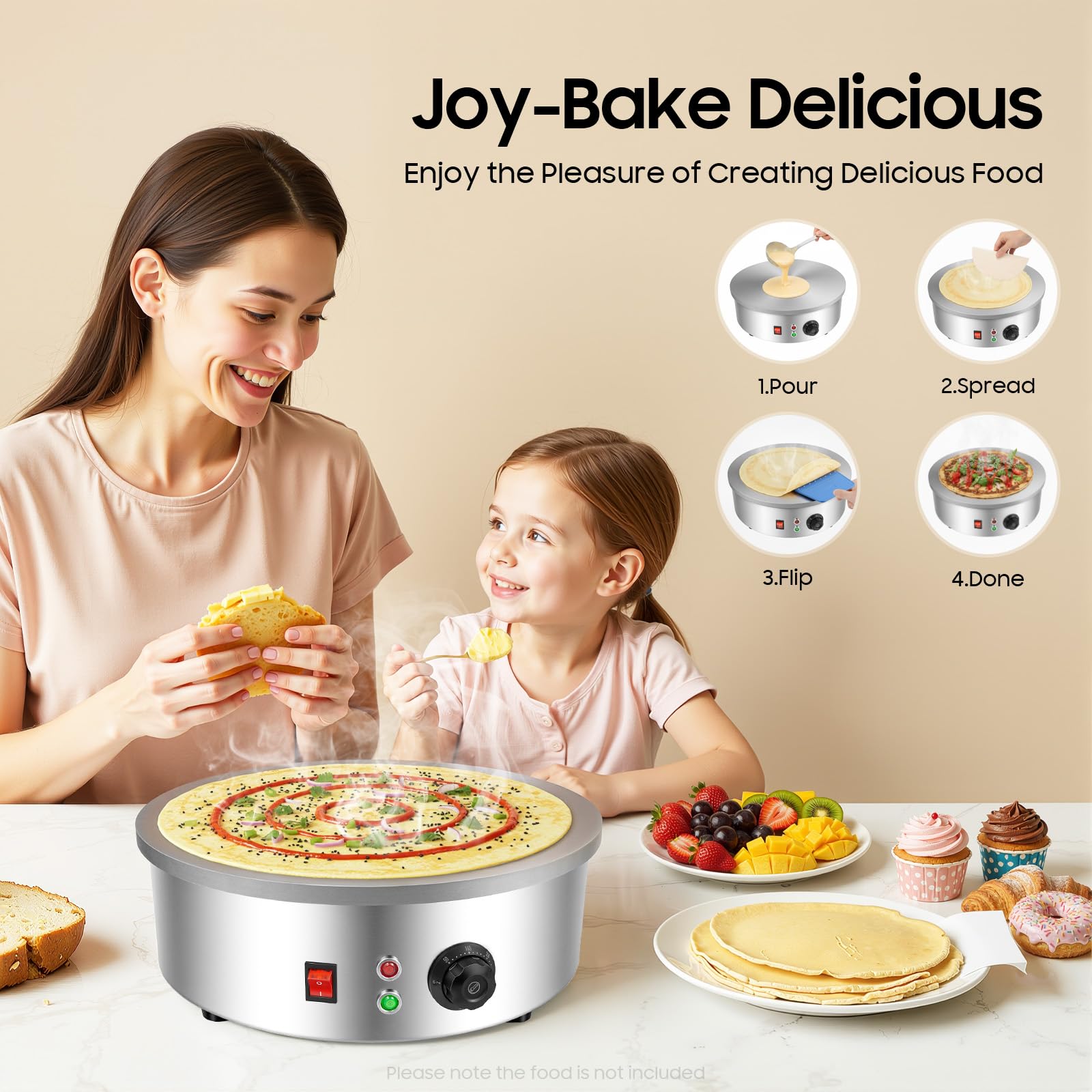 Machine à crêpes électrique 3000 W - 45 cm - En fonte - Avec répartiteur de pâte et spatule - Antiadhésive - Contrôle de la température 50-300 °C - Pour la maison et la restauration