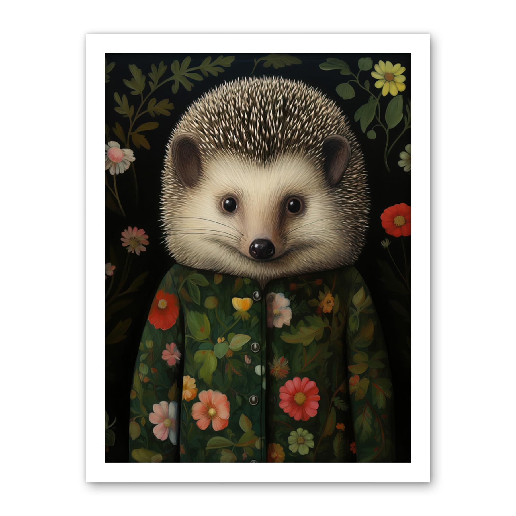 Artery8 Hedgehog in Hedgerow Floral Jacket Cute Kids Bedroom Artwork Framed Wall Art Print 18X24 Inch
