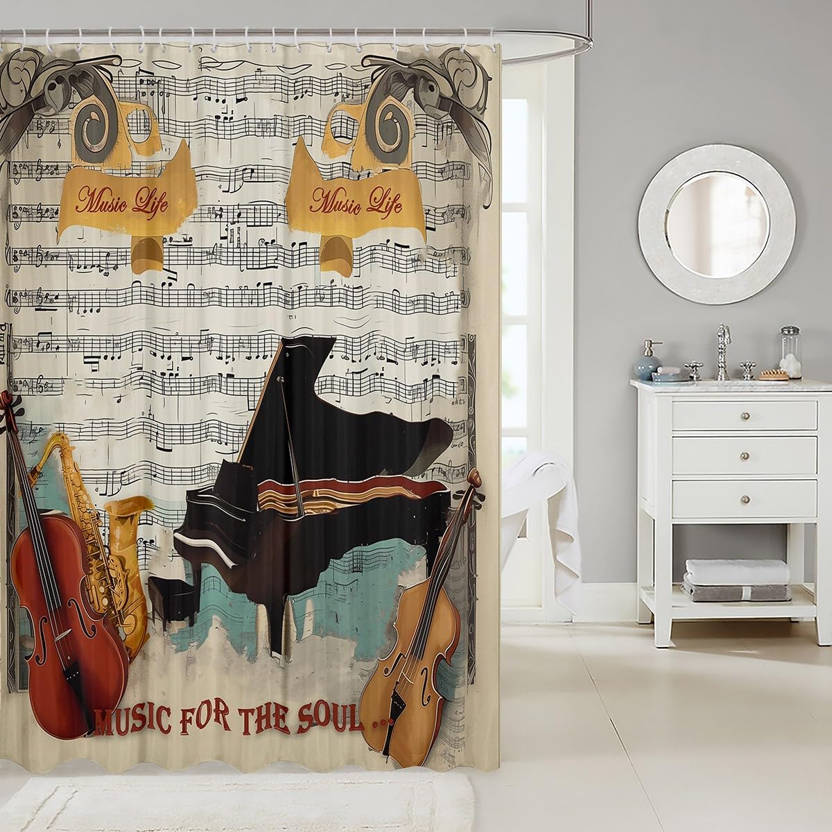 Violin Shower Curtain,Musical Note Piano Print Bathroom Curtain Kids Boys Girls Room Decor,Rock Roll Music Theme Waterproof Curtain Vintage Old Newspaper Hippie Music Bath Curtain,12 Hooks,72" Wx72 L image 2