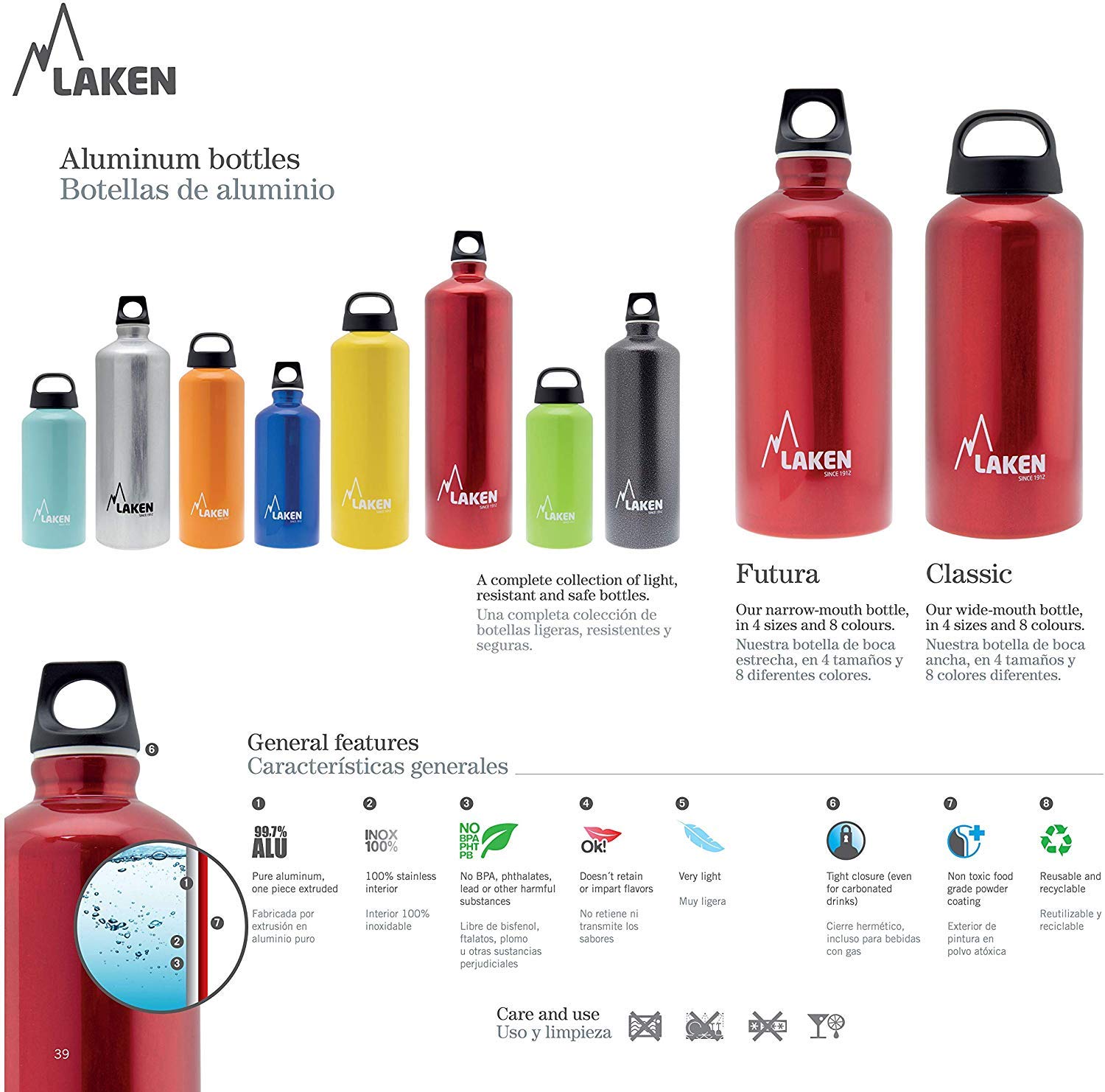 Laken Futura Water Bottle with Narrow Mouth, Single Wall Lightweight Aluminum BPA, Leak-Proof Screw Cap, 0.6L, Blue - Image 4
