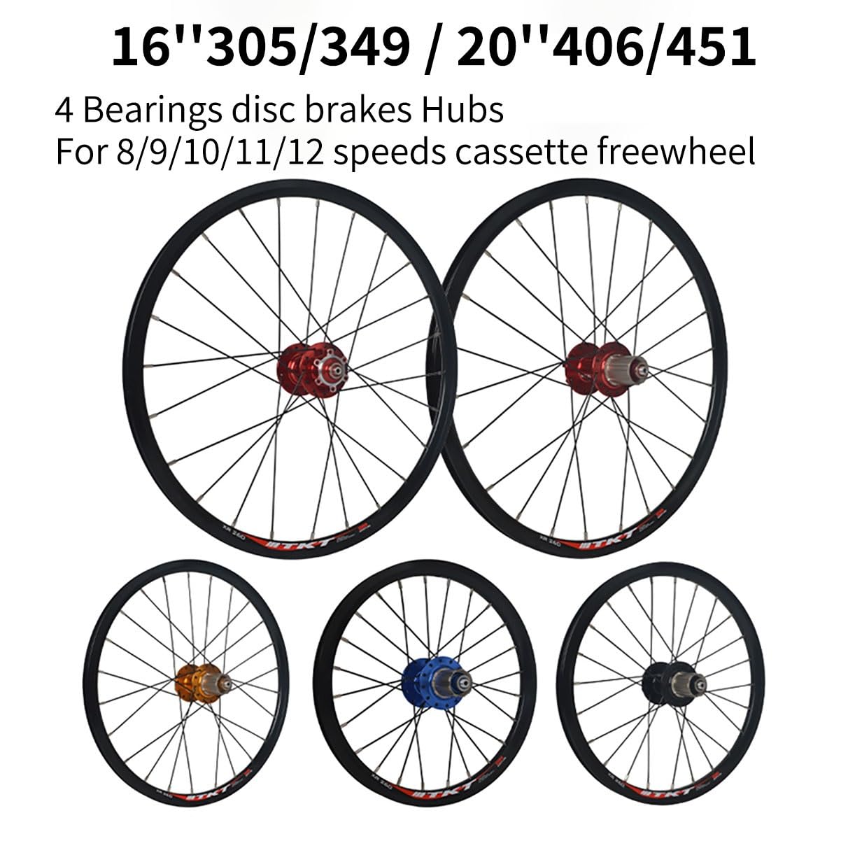 305/349/406/451 Juego de Ruedas BMX de 16/20'' con Freno de Disco Delantero/Trasero y liberación rápida, bujes F100mm/R135mm de 24 Orificios para Cassette de 8-9-10-11 velocidades.