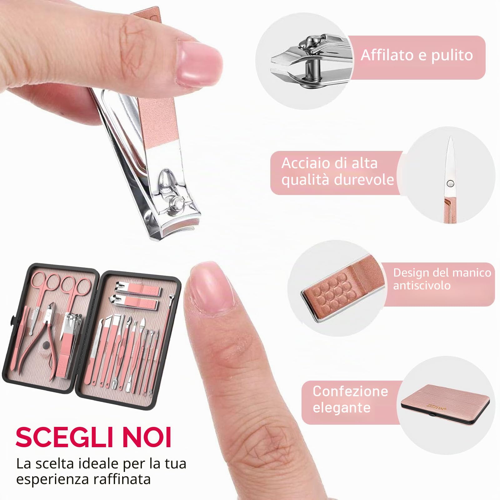 ZIZZON Set manicure 18 in 1 Set professionale per pedicure Forbici per unghie Kit per toelettatura con custodia da viaggio in pelle Rosa