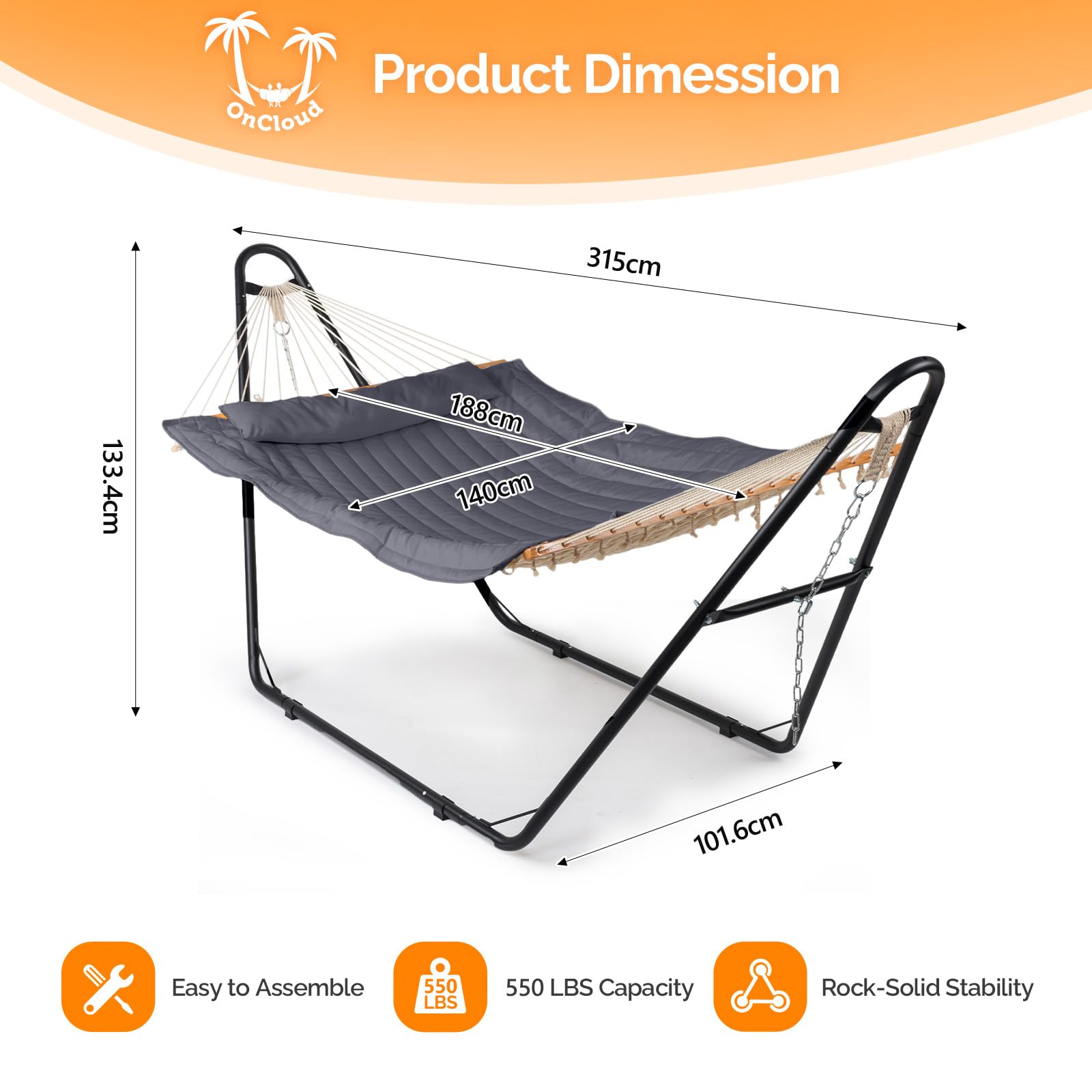 LEADZM Hängematte mit Gestell, Universelle Hängemattenhalterung aus Stahl, bis 250 kg, Großes Doppelstangen-Hängematten-Set - Graue, doppellagige Baumwollbettauflage, 315x133x101 cm