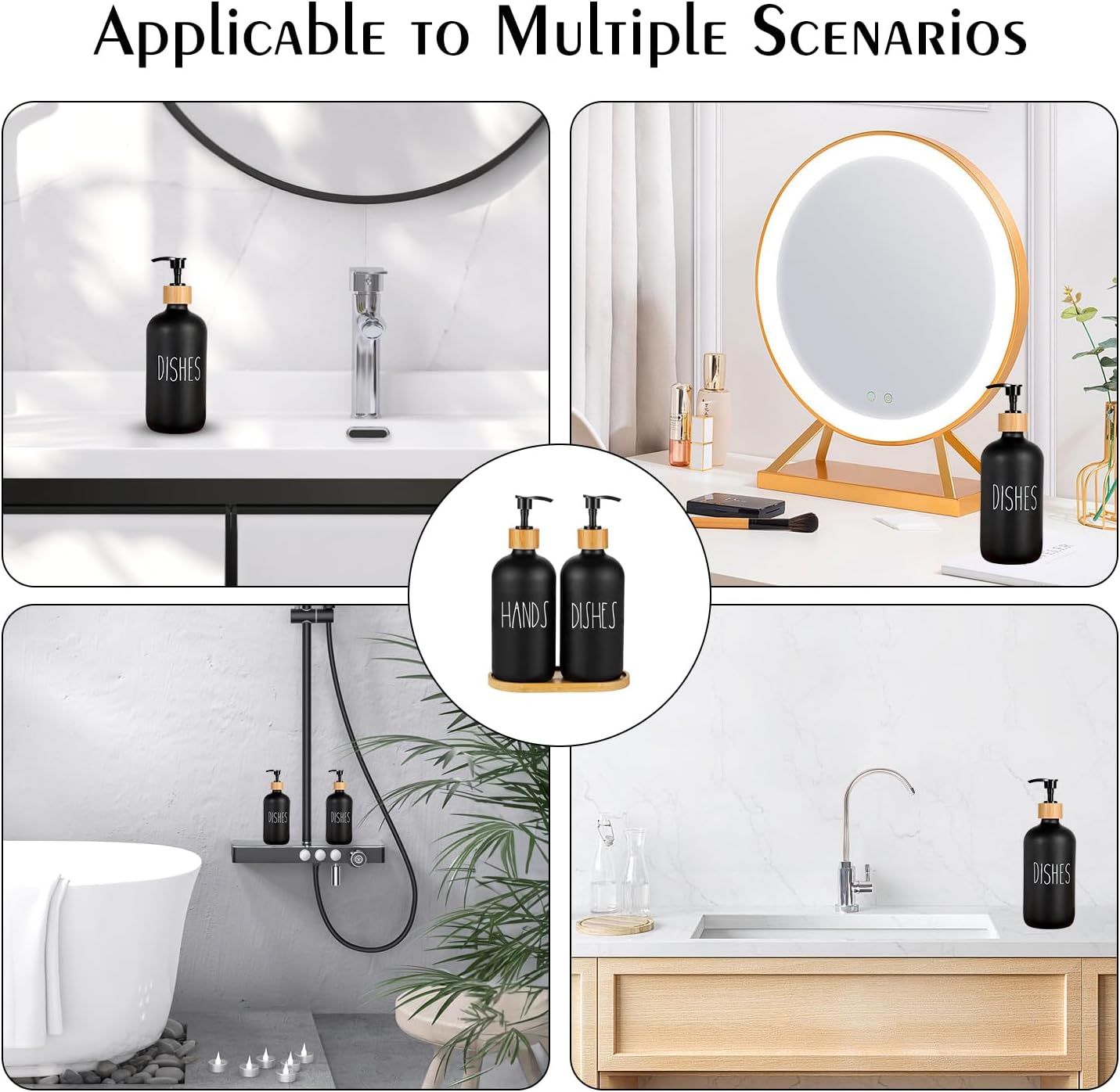 Arktek Glass Soap Dispenser Set with Tray, 2 Pack Hand and Dish Soap Dispenser Set for Bathroom and Kitchen Bottle Dispenser with Dish Soap, Hand Soap, Lotion 17 Oz (2 Black) - Image 7