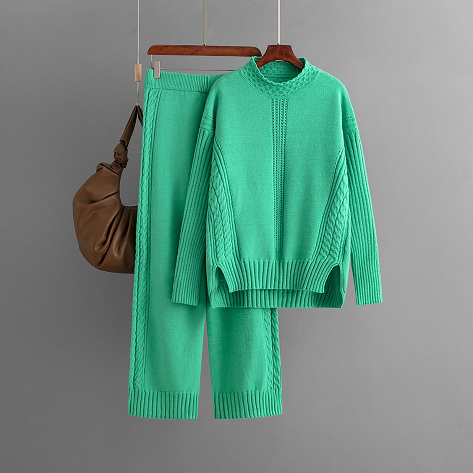 Generico Pigiami Due Pezzi da Donna Estivo Eleganti Pantaloni A Gamba Larga Maglione A Collo Maniche Lunghe Tinta Unita Autunno Inverno da Donna Versione Completo Estivo Pigiama
