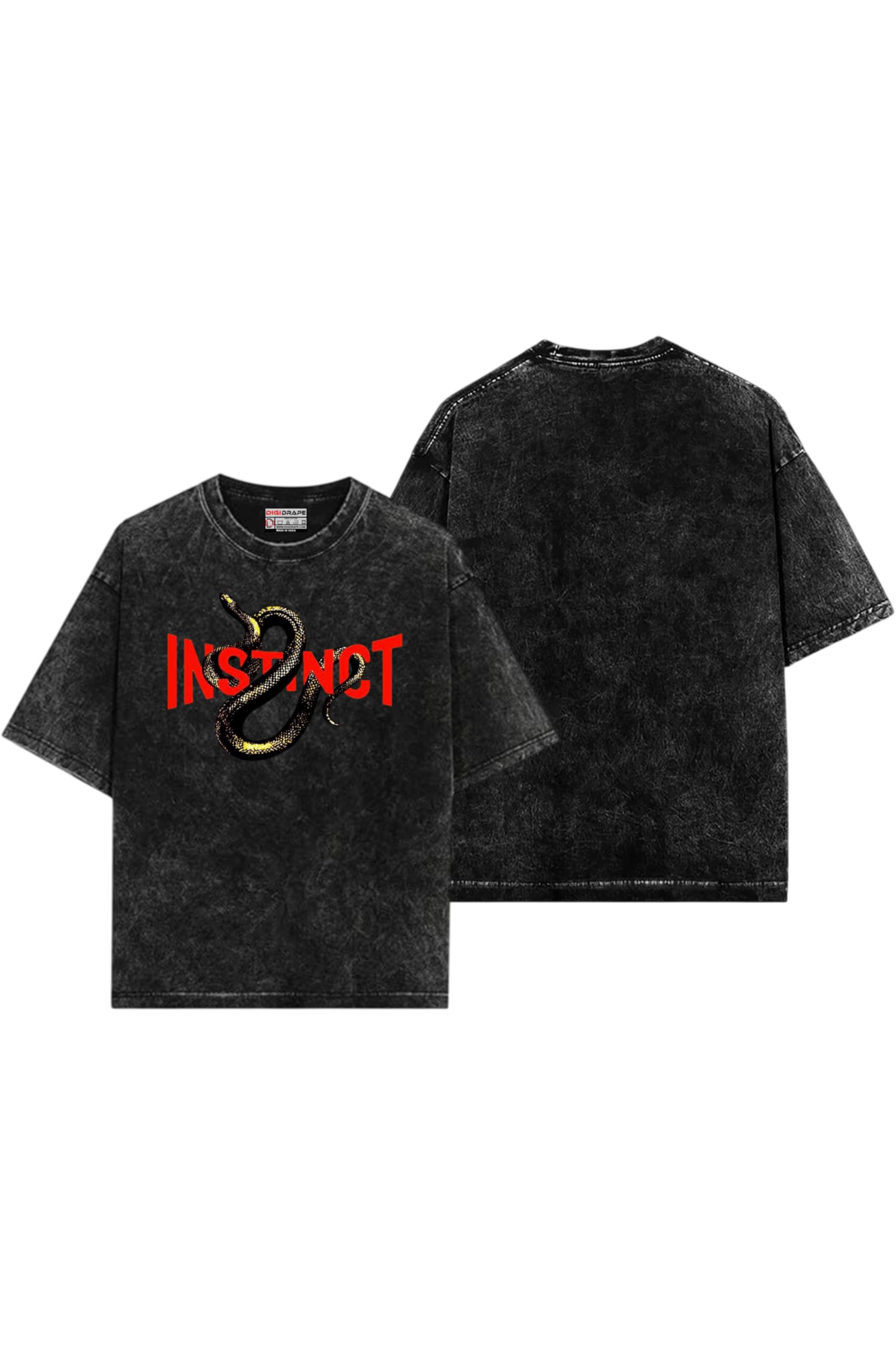 Instinct Snake Graphic Oversized T-Shirt, Acid Wash, Black, Streetwear Style (in, Alpha, M, Plus)