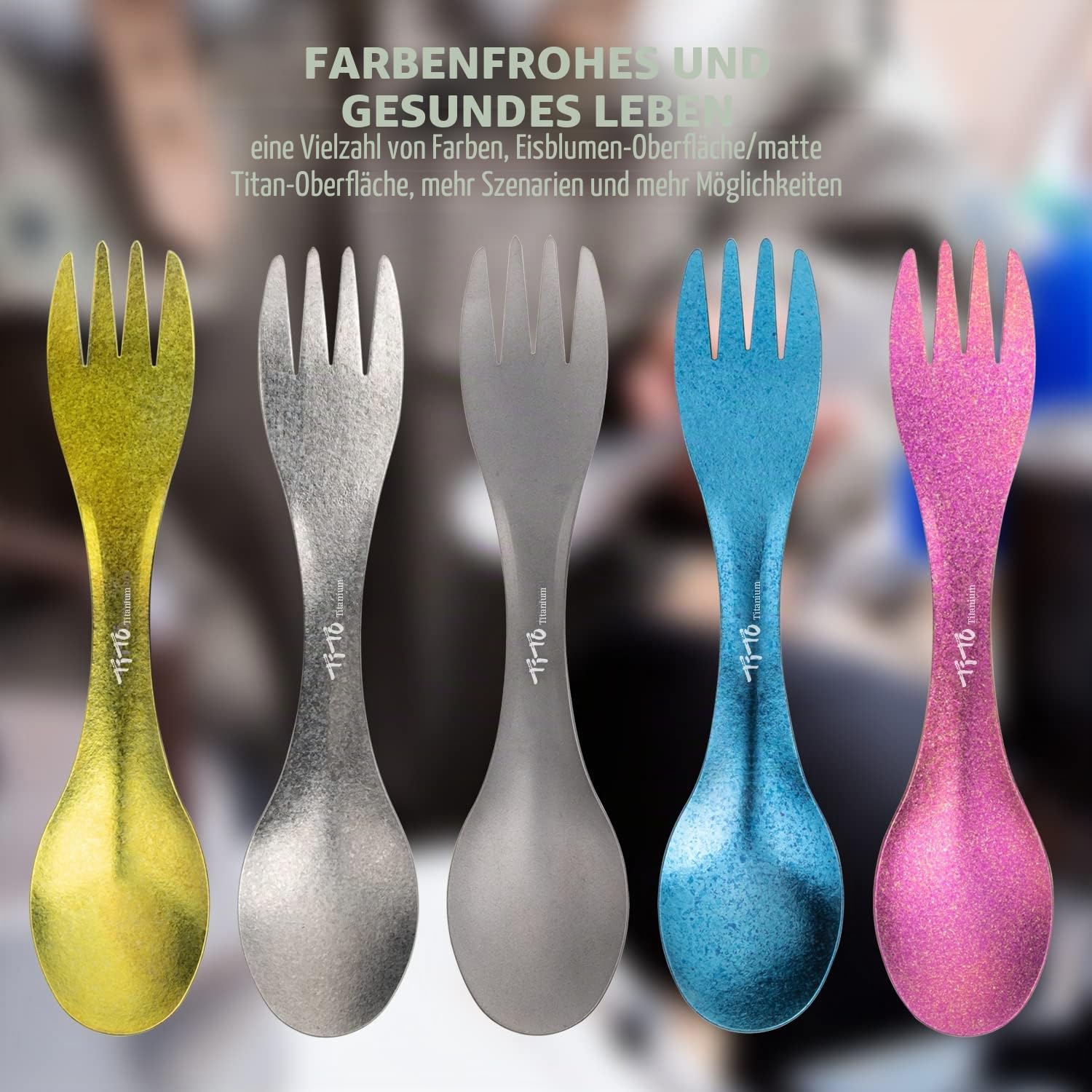 TiTo Titanium Outdoor 2-in-1 Titan Löffel/Spork mit Griff,Multifunktional Tragbare Ultraleichtem Besteck Camping Rucksackreisen mit Aufbewahrungstasche für Trekking (Sandsprühen)