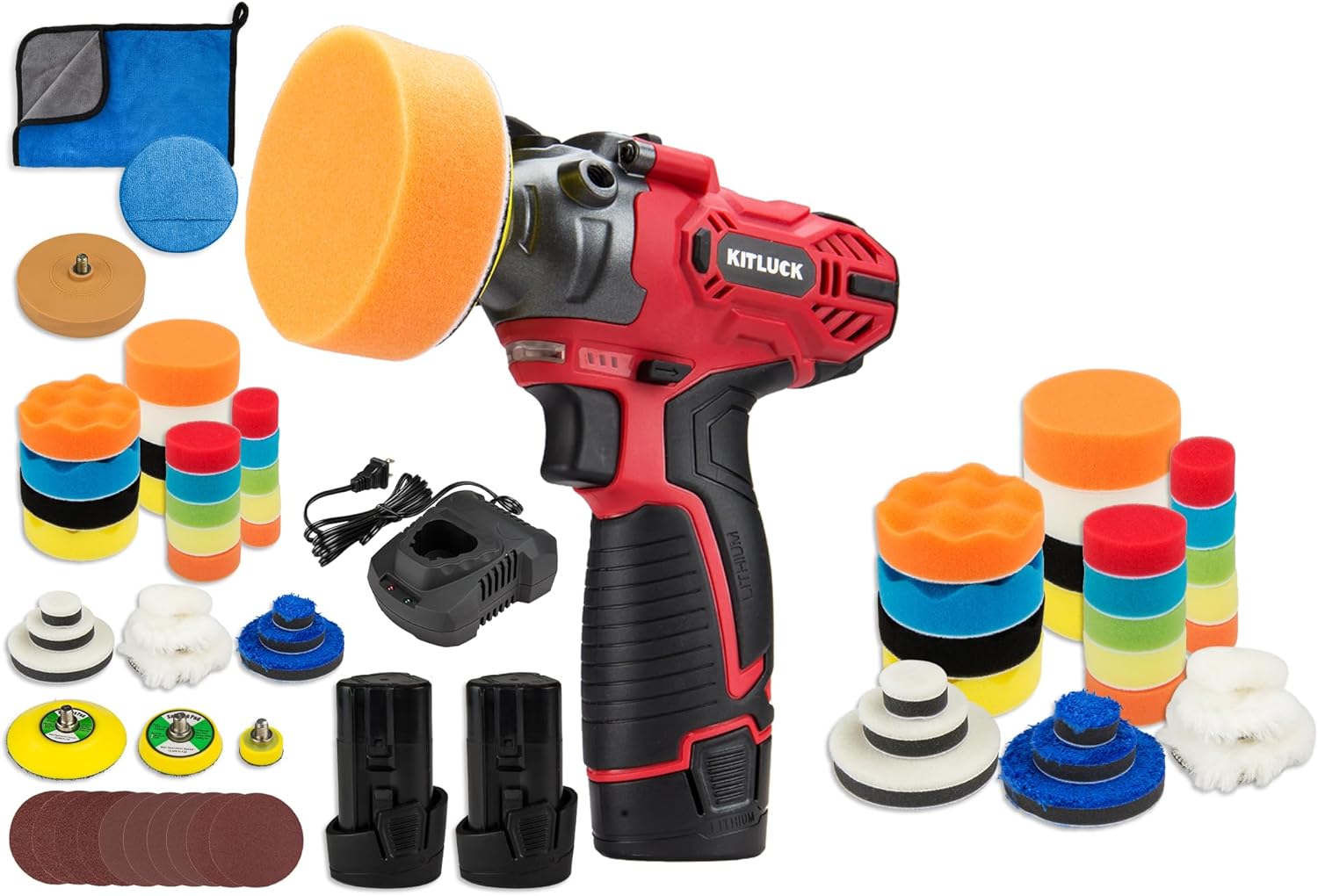 Cordless Buffer Polisher, 12V Mini Wax Buffer & Sander with 2 X 2.5Ah Battery & Charger, 1/2/3" Backing Plate, 40pcs Polishing Pads, with 27pcs replacement pads