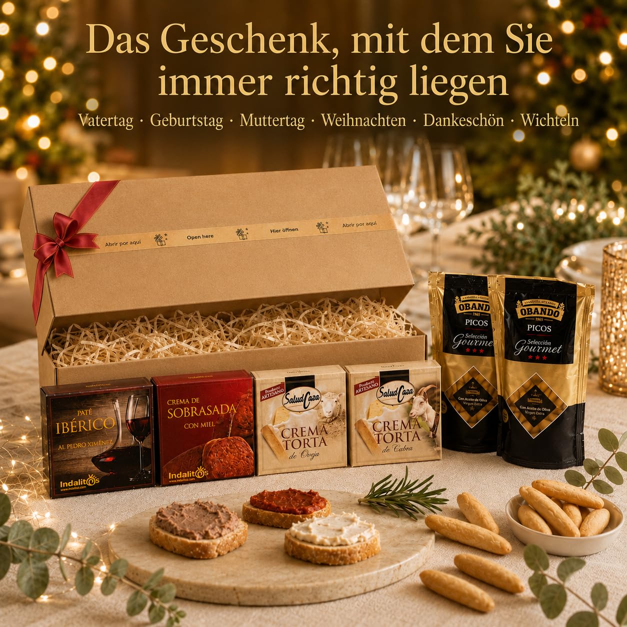 Geschenkkorb gefüllt für Frauen mit spanischem Olivenöl 250 ml, Iberische Pastete, Sobrasada, Käse-Aufstriche & Picos – Geschenkidee Muttertag, Geburtstag, Dankeschön (7 Stück)