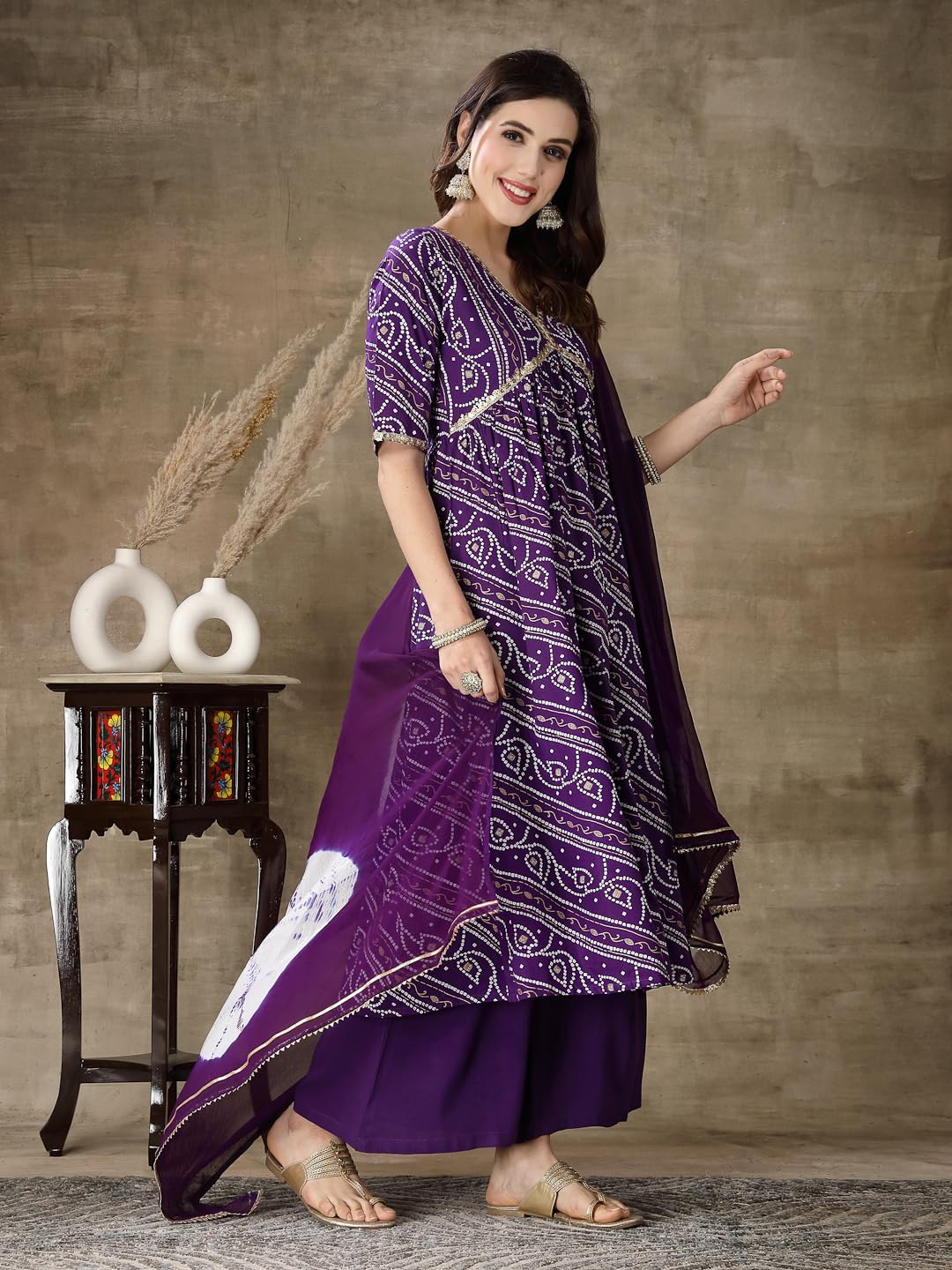 Stylum Women Bandhej Printed Rayon Naira Cut Kurta Palazzo Dupatta Set (Kpdvoilcharli46_Violet, 3Xl)