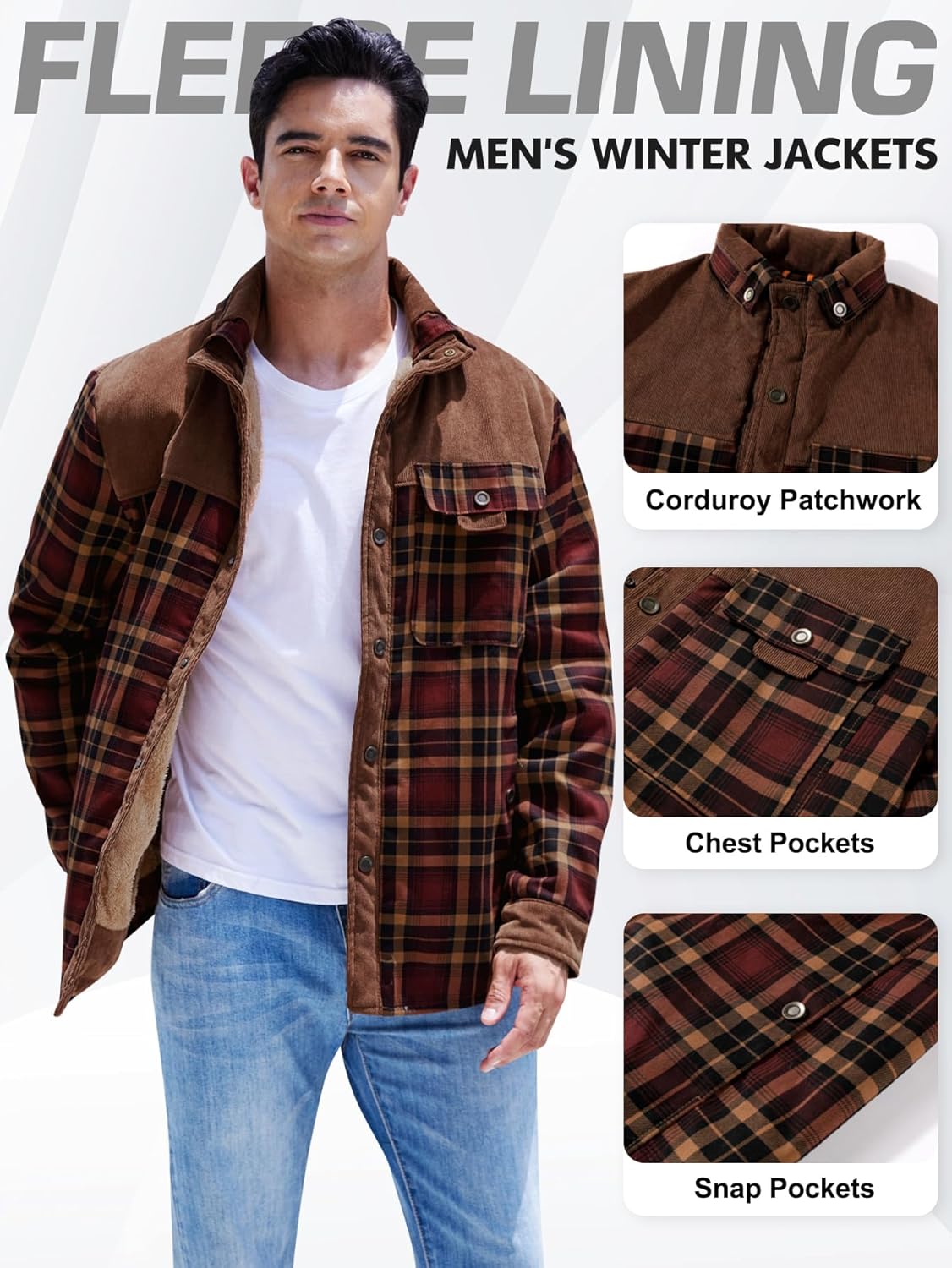 Gihuo Men's Long Sleeve Sherpa Lined Shirts Outdoor Warm Flannel Plaid Jacket Button Down Fleece Coats - Image 6