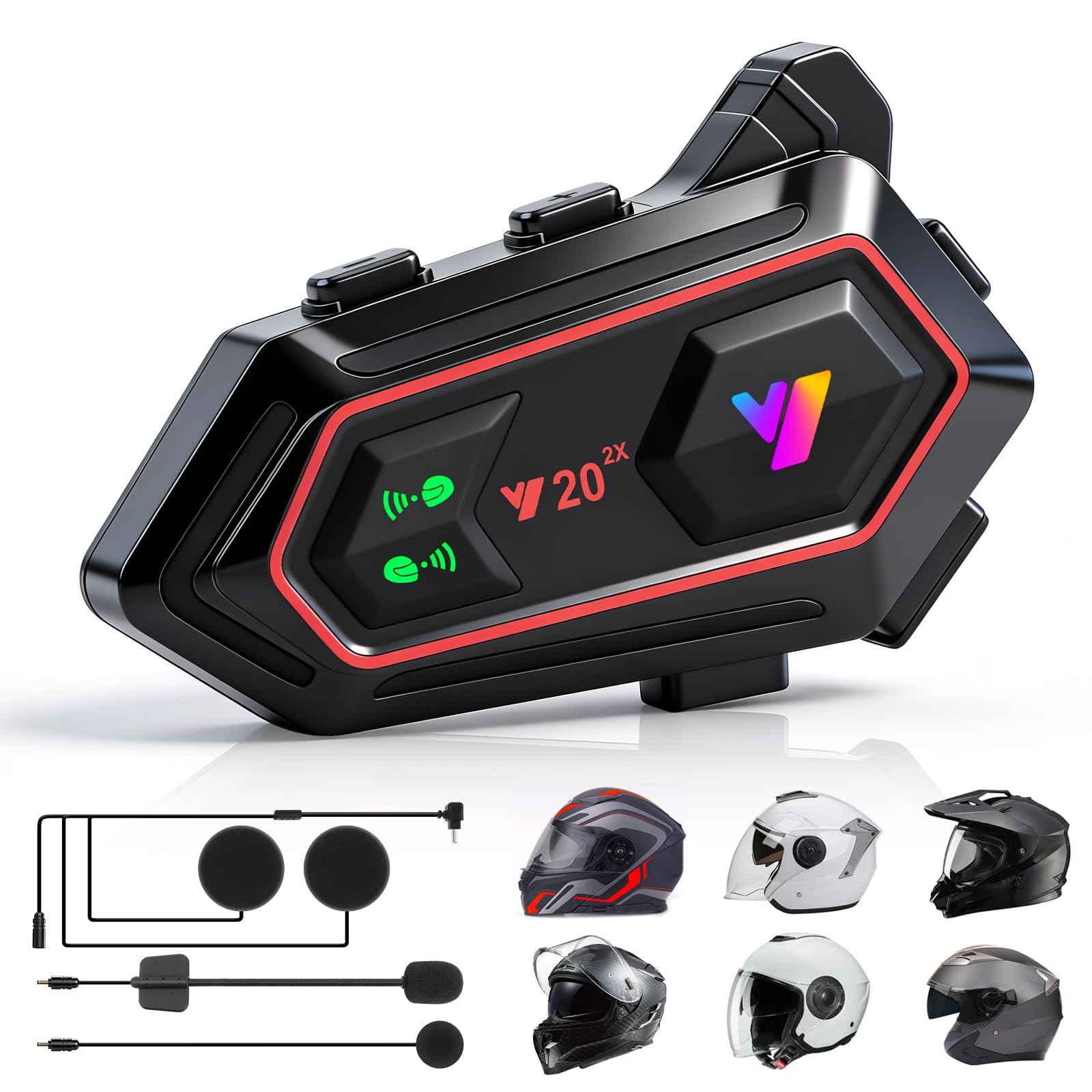 Motorradhelm Headset, 800m Zwei-Personen Intercom+Dual-BT-Verbindung, IPX6 1000mAh und CVC Rauschunterdrückung Helm Kopfhörer, 2-in-1 Mik für meisten Helmen, für Motorrad Motorcycle Fahrrad