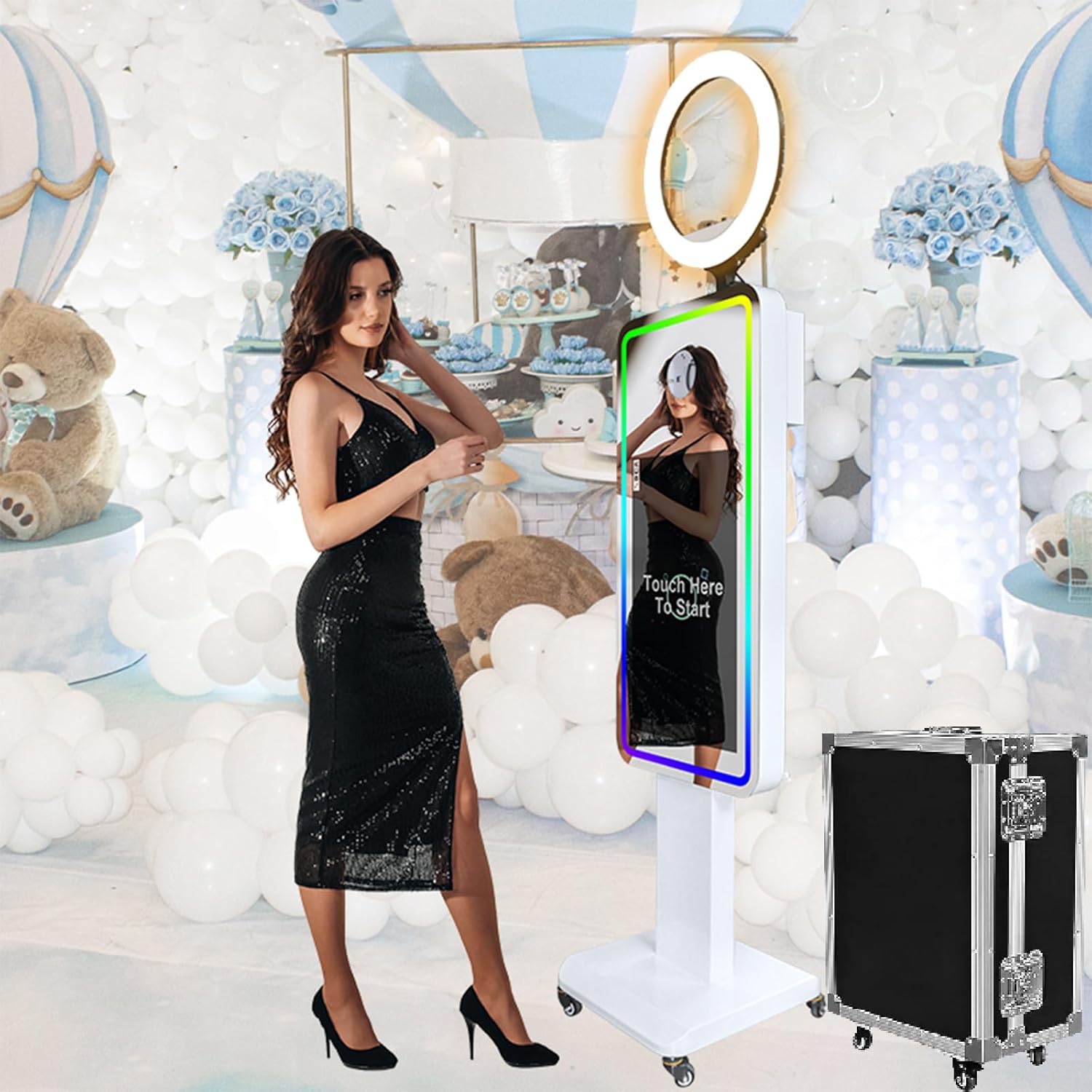 White Machine 21.5 Inch LCD Touch Screen Portable Magic Mirror Photo Booth for Wedding Party Event Rental
