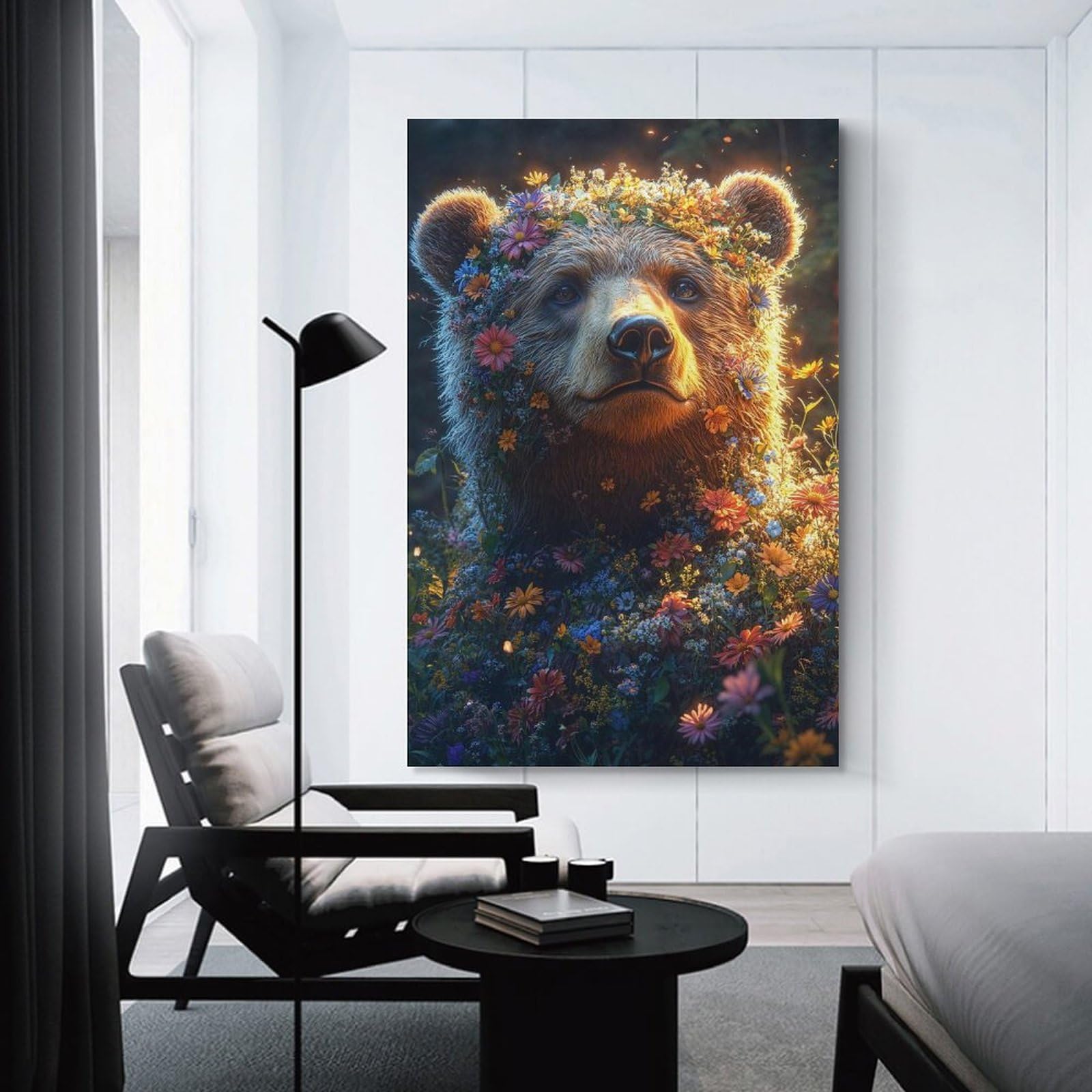 Junmoney Floral Bear Portrait Wall Picture Print 08x12inch(20x30cm), for Home Walls, Creative Rooms Or Shared Spaces, Stylish Home Artwork for Focal Walls