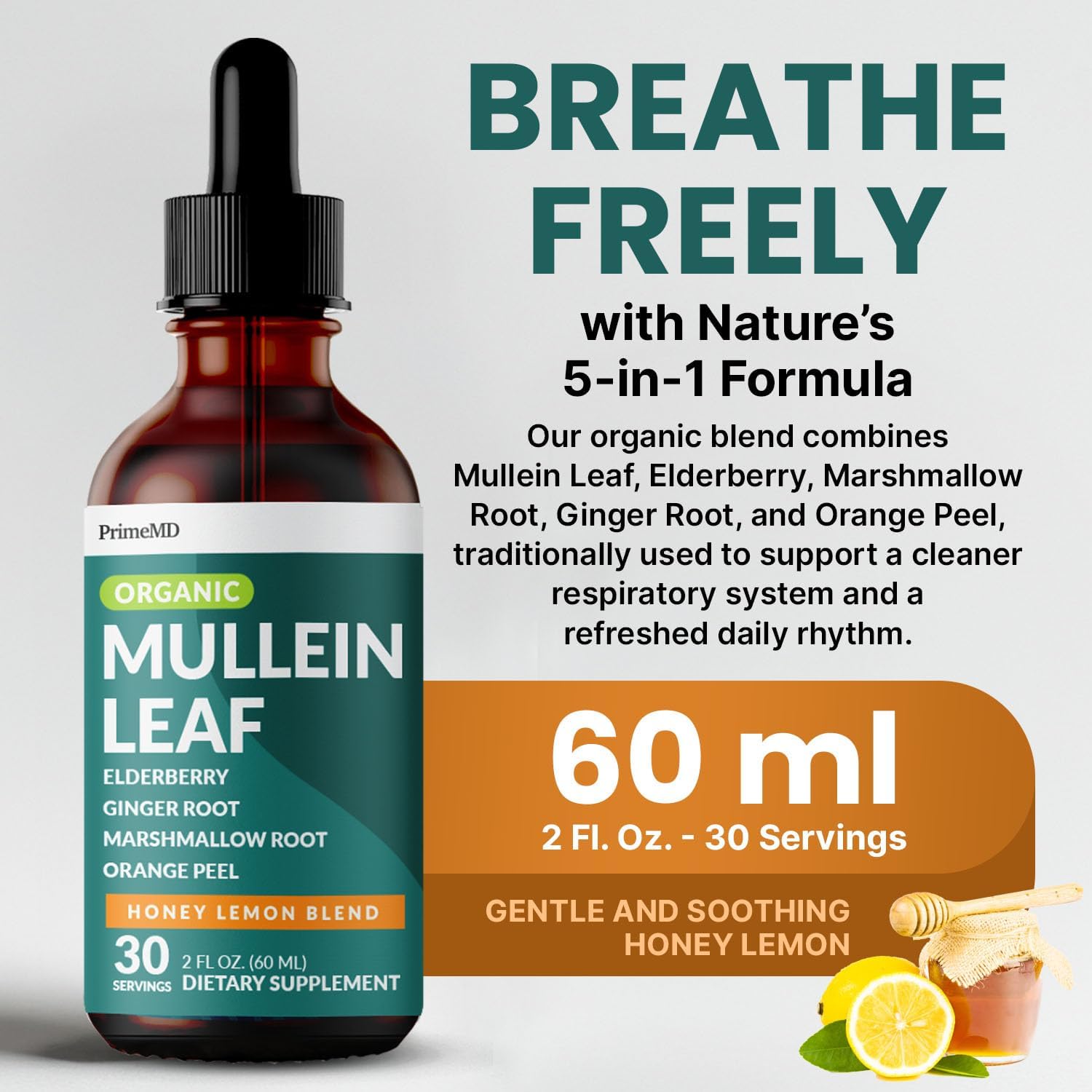 5-in-1 Mullein Drops for Bronchial and Respiratory Support with Mullen Leaf Extract Lung Supplement - Mullein Tincture with Elderberry and Ginger Root, Honey Lemon Flavor (60 Servings, Pack of 2) - Image 2