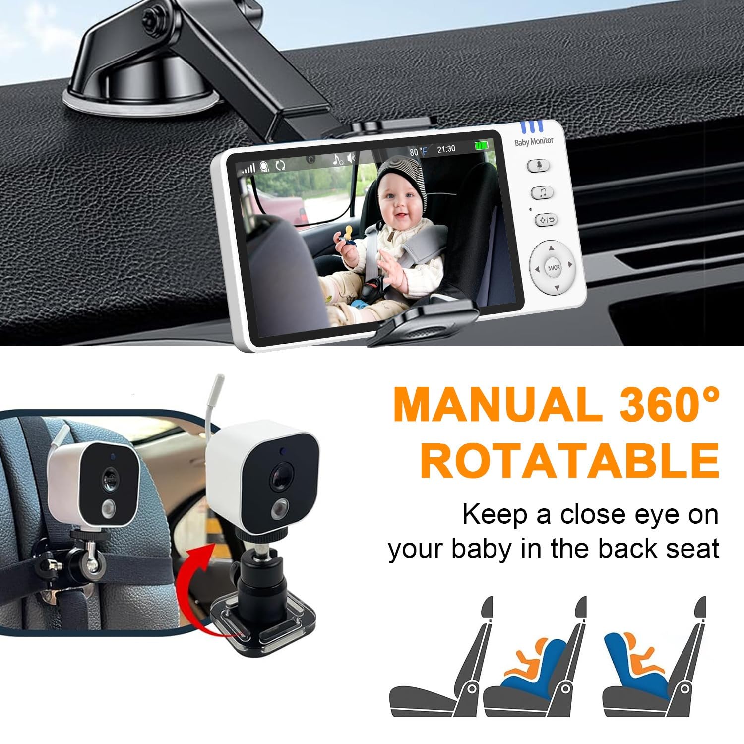 Babyphone avec écran de 5 Pouces et caméra, Audio bidirectionnel sans Fil, Vision Nocturne, Batterie Longue autonomie, Transmission sécurisée, Utilisation à la Maison et en Voiture