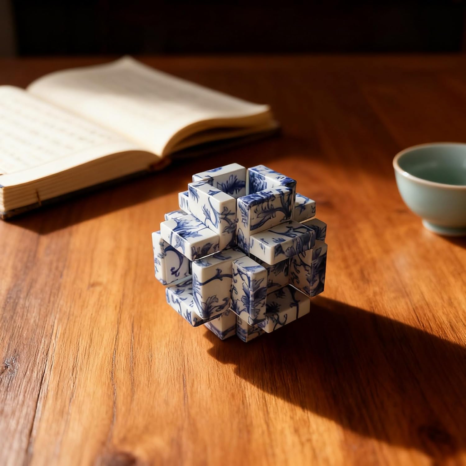 Chinese Porcelain Blue Floral Pattern Kongming Lock,Traditional 3D Brain Teaser Puzzles, Brain Teasers for Kids 8-12 and Adults, Desk Fidget,Educational Toys (Middle Character)
