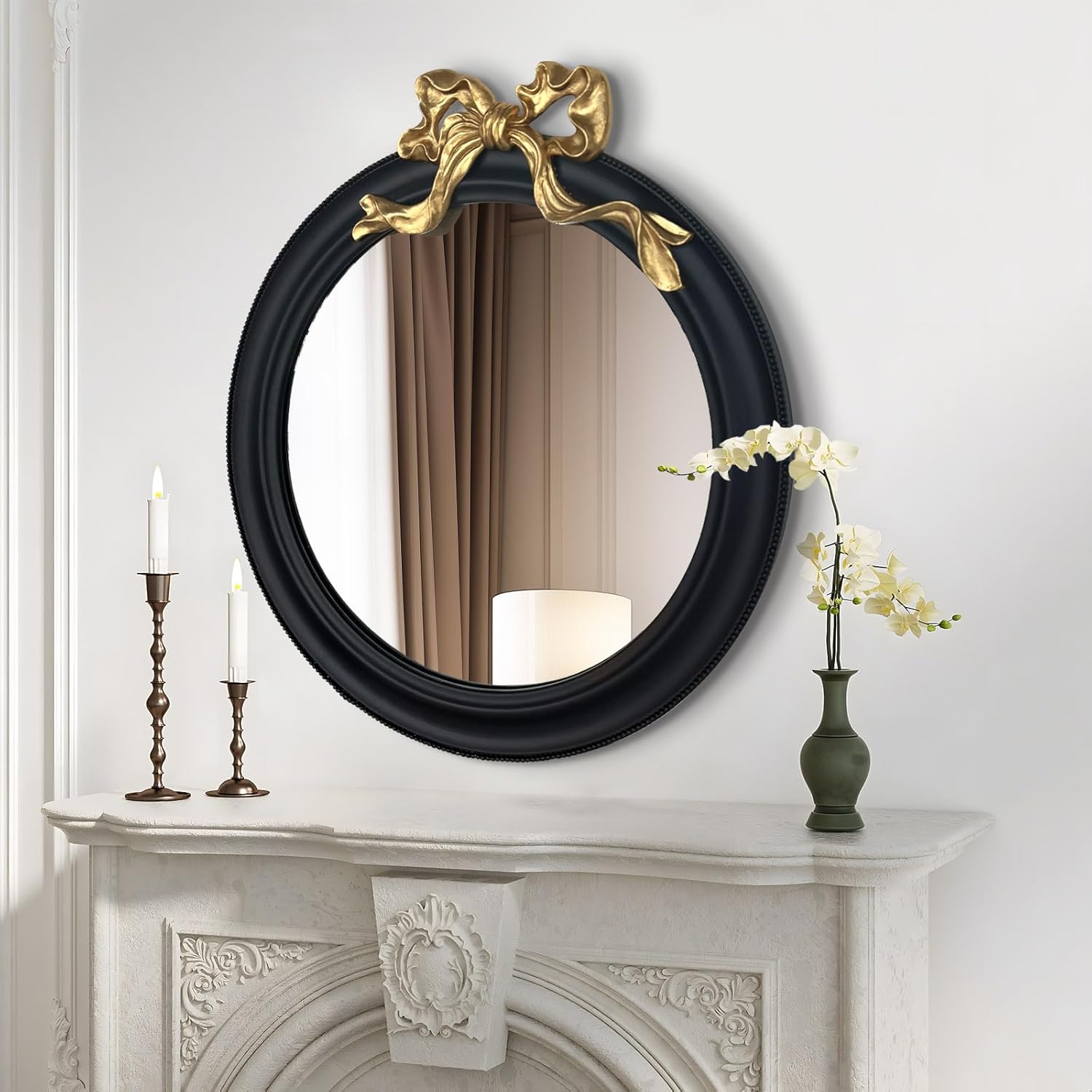 24x24 Inch Antique Round Wall Mirror, Gold and Black Bow Frame Circle Mirror for Wall Decor, Decorative Hanging Vanity Mirror for Bathroom, Living Room, Bedroom & Entryway