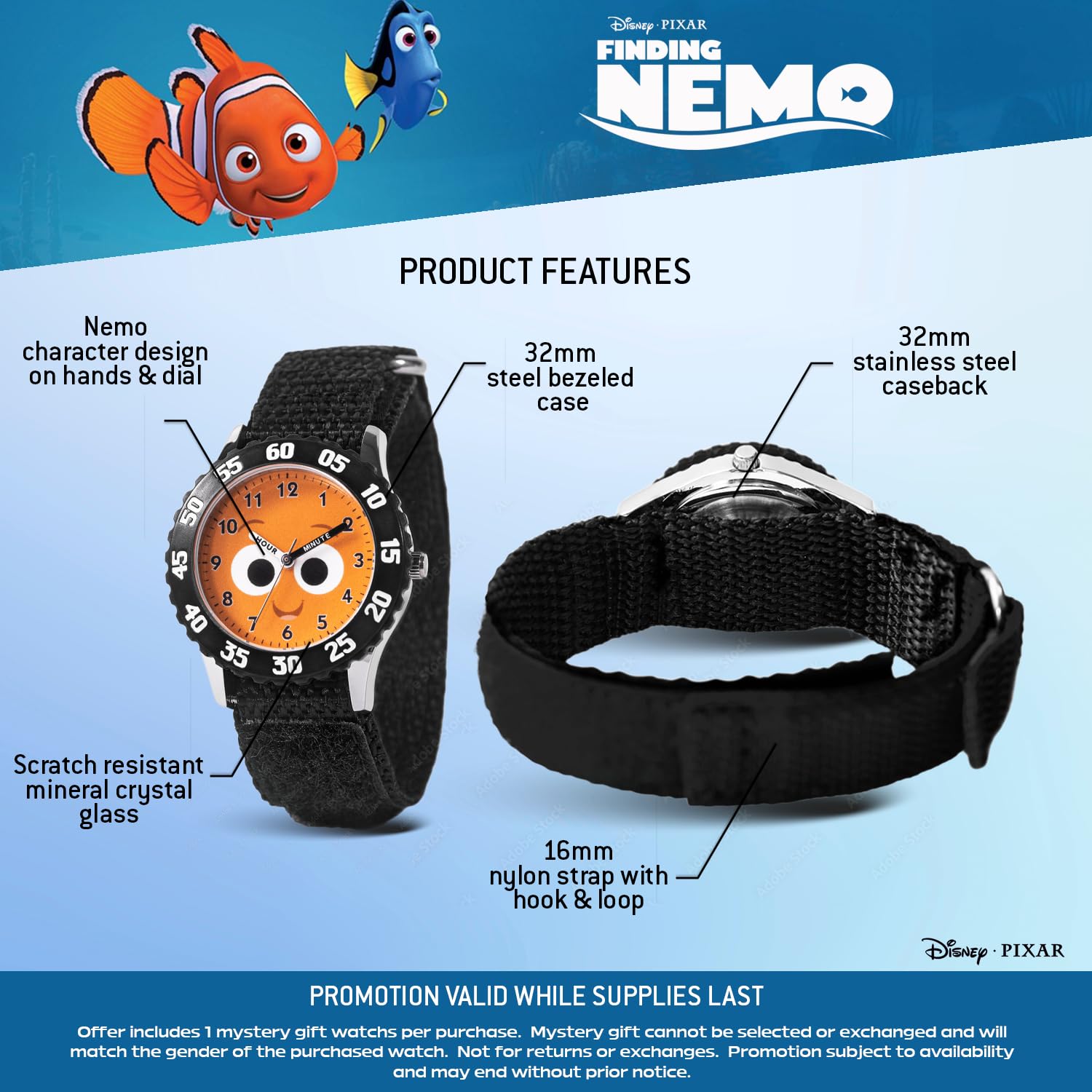 Disney Pixar Finding Nemo Orologio per bambini dai 3 ai 7 anni - con quadrante con personaggi Nemo - Ottimo regalo per ragazzi - Quadrante di facile lettura, lunetta nera e cinturino in nylon nero