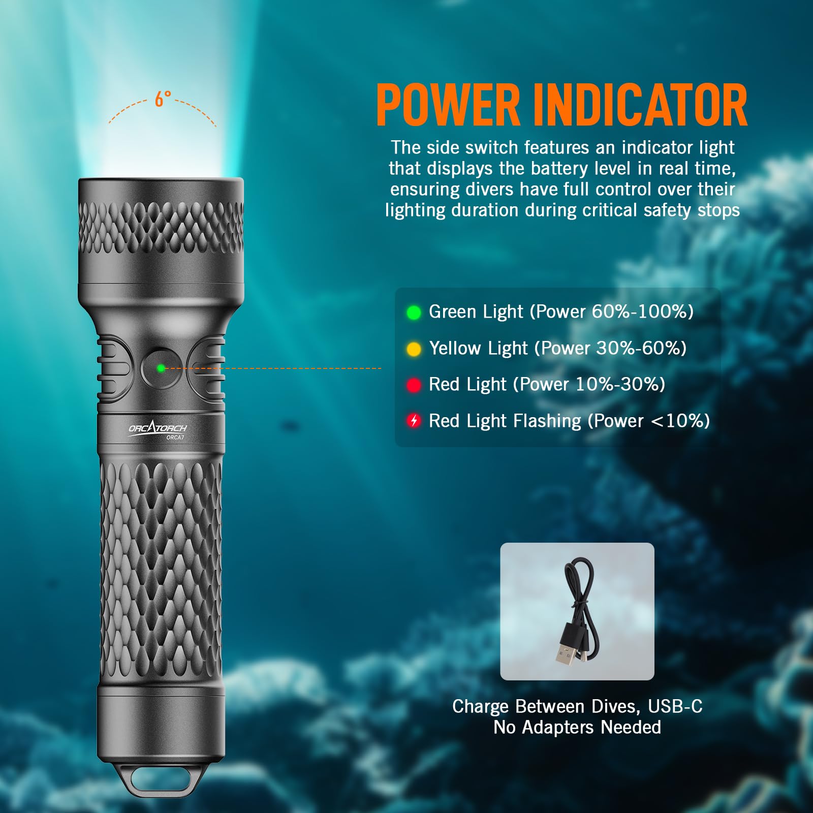 ORCATORCH ORCA7 Torcia Subacquea 3000 Lumen IP68 150m Impermeabile SOS