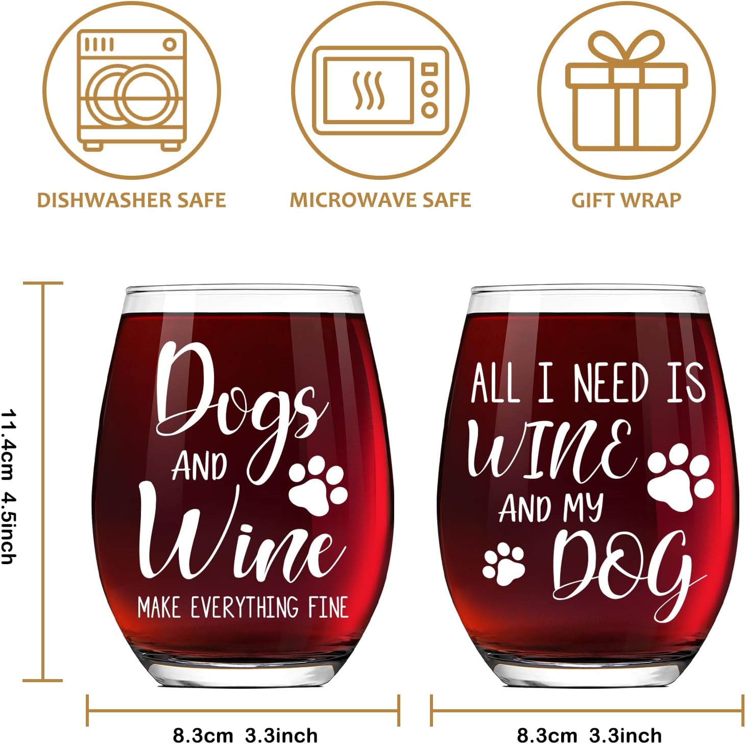 Funny 2 Pcs Wine Glasses Gift Set for Couple Dog Lovers, Dogs and Wine Make Everything Fine - All I Need Is wine and My dog wine glasses, 15oz Stemless Cool wines Glasses gift set for Dog Mom & Dad88