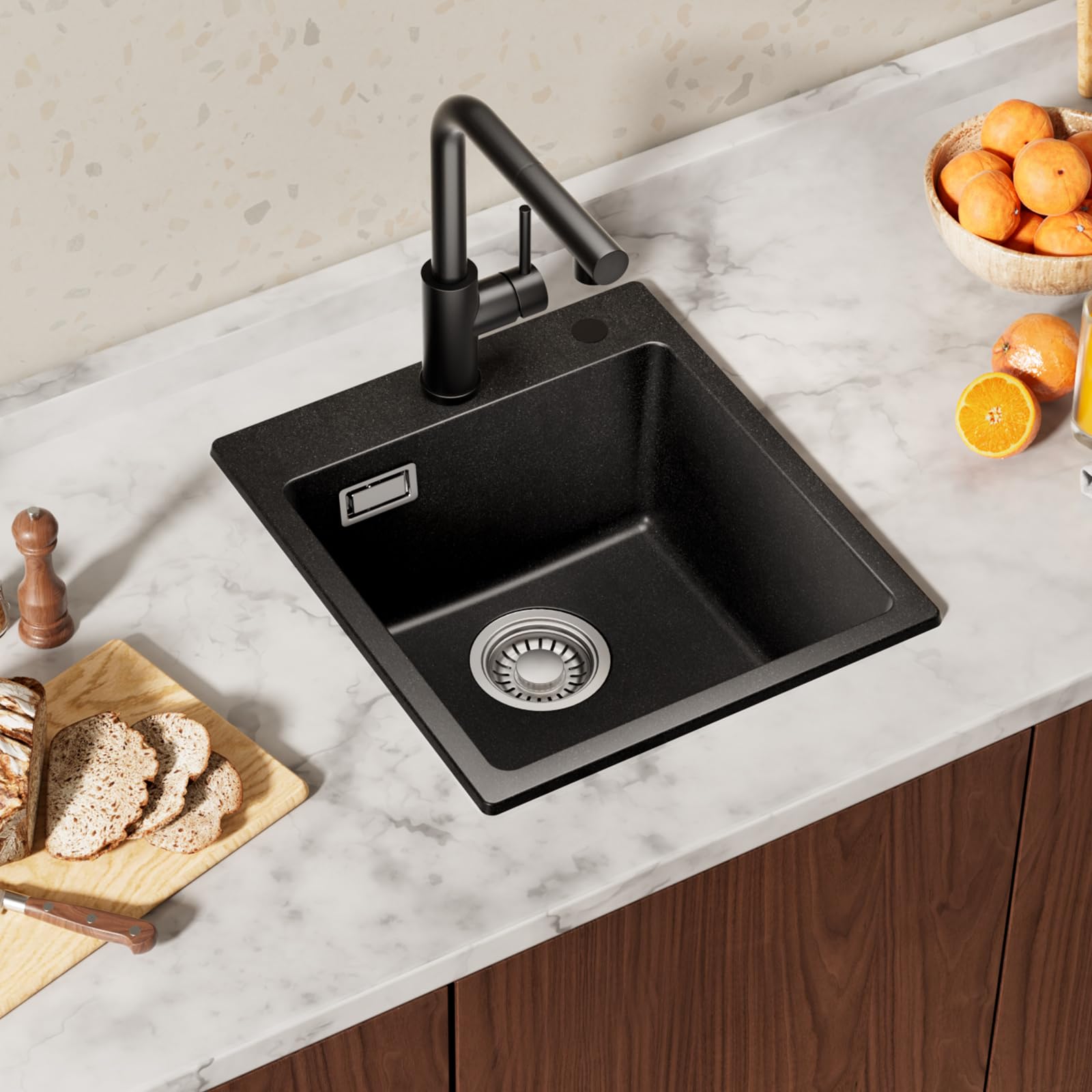 Spülbecken Schwarz Granit 40x45cm, CECIPA Spüle Schwarz, Küchenspüle Rechteckig, Moderne Einbauspüle Granit, Waschbecken Küche, Spülbecken Küche Klein, Einzelbecken mit 2 HahnLöcher