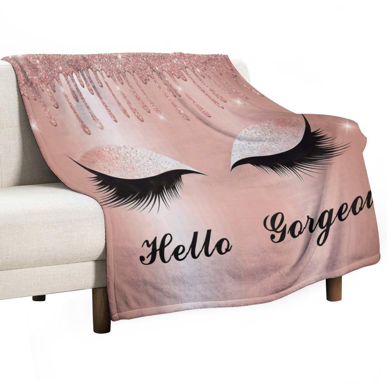 Pretty Eyelash Flannel Blankets, Spark Rose Gold Drips Hello Gorgeous Unicorn Eyelash Print Throw Bed Blanket for Sofa Chair Bed Soft Blanket for Woman Girl Lady Kids 30"x40"