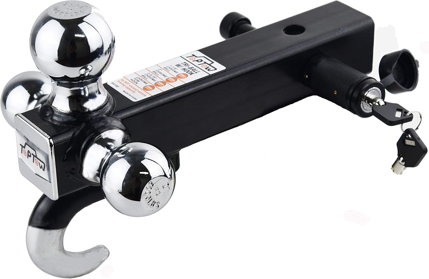 TOPTOW 64180HL Trailer Hitch Tri-Ball Hitch with Hook, Fits 2-inch Hitch Receiver, Chrome, 5/8 inch Hitch Lock Included