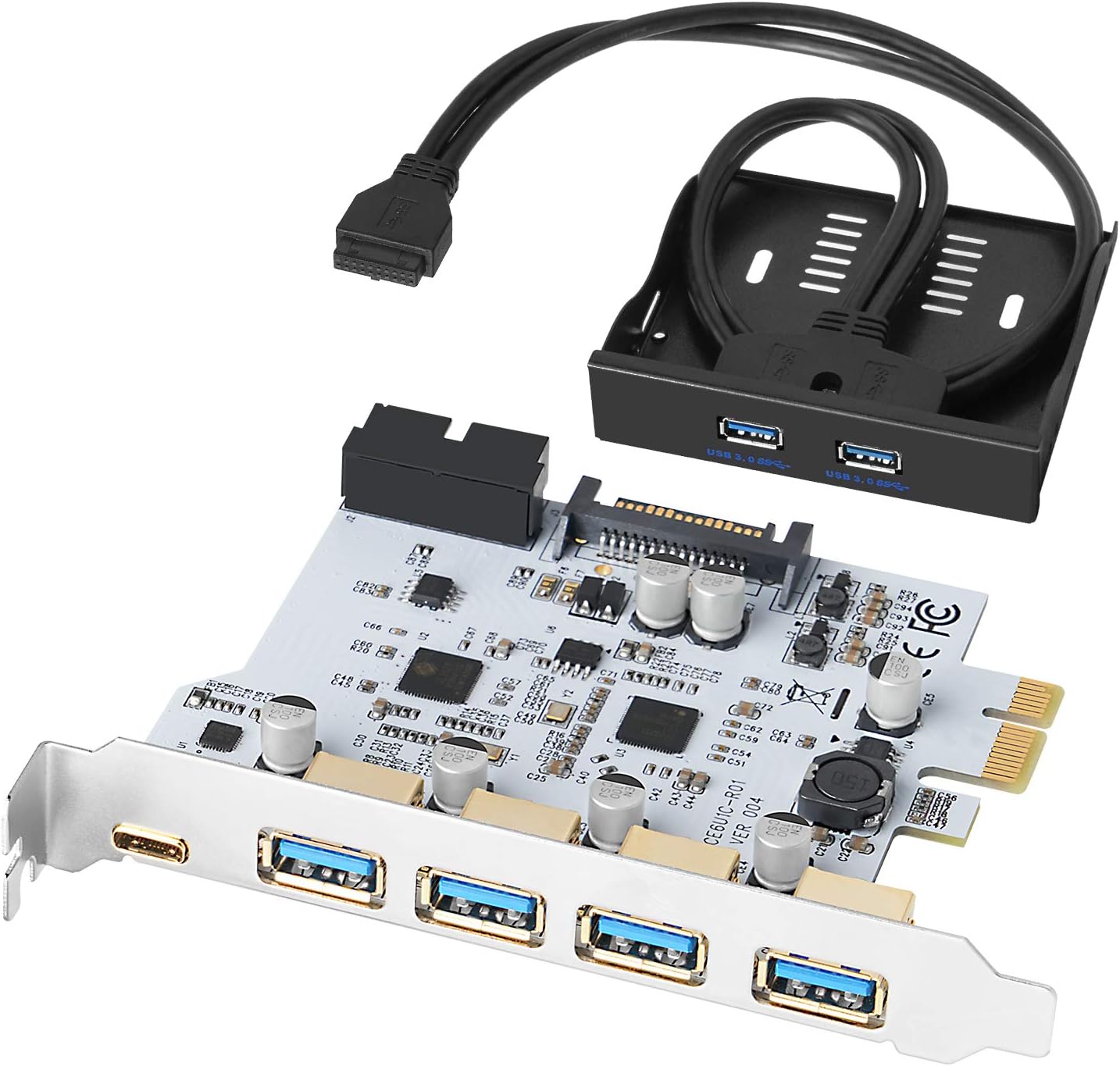 7 Ports USB Set, PCIe to USB Card (1 USB-C Port and 4 USB Ports) with Front Panel Bay, Support Fast-Charging, No Driver for Windows 10