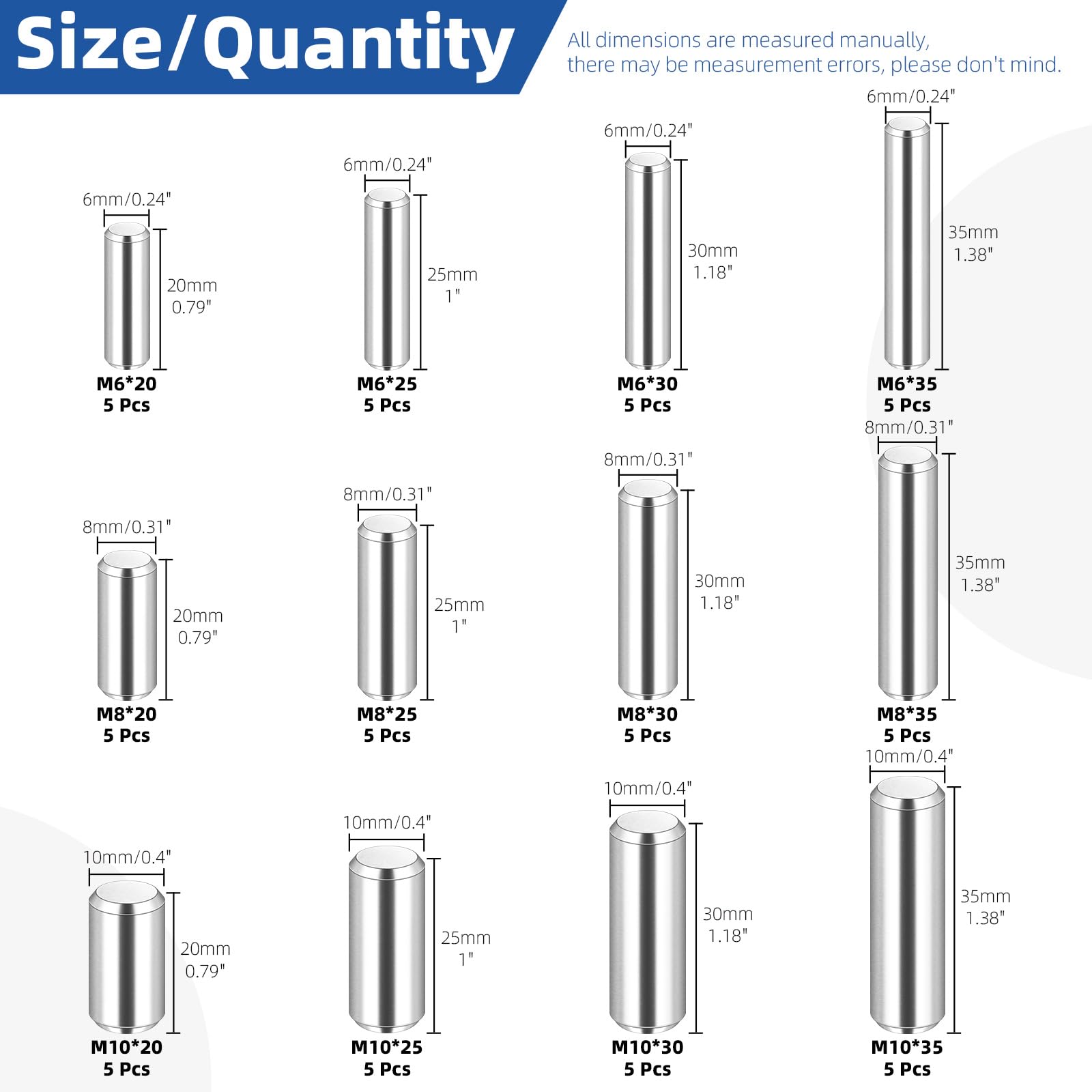 Glarks 60pcs 6/8/10mm Dowel Pins Kit, 12 Sizes 304 Stainless Steel Cylindrical Shelf Support Peg Pin Fasten Elements - Image 2