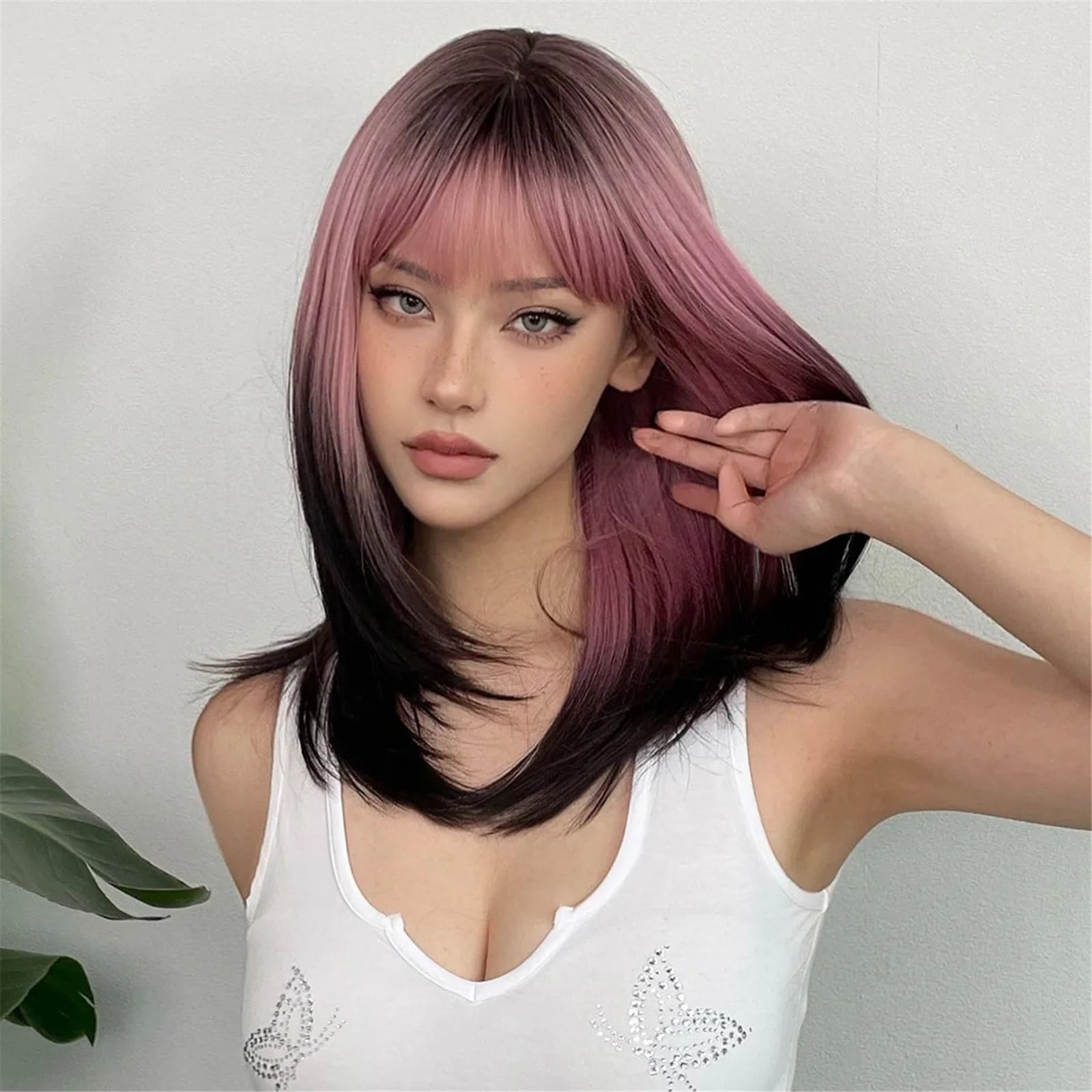 Acconciatura femminile Parrucche sintetiche Ombre rosa nere con capelli da festa cosplay frangia