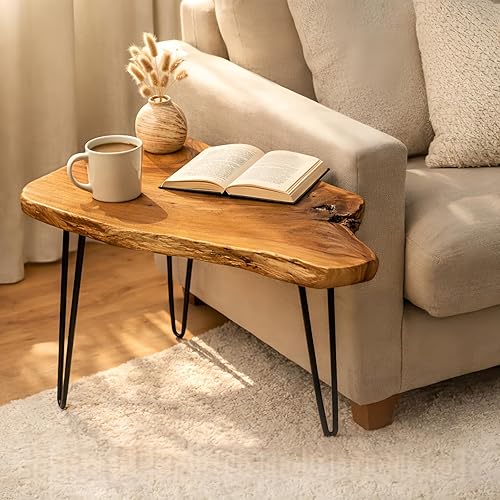 Live Edge Coffee Table for Living Room, About 20" W x 16" D x 17" H Natural Cedar‌ Solid Wood Coffee Table with Metal Hairpin Legs Side Table for Bedroom, Home Office (Medium)
