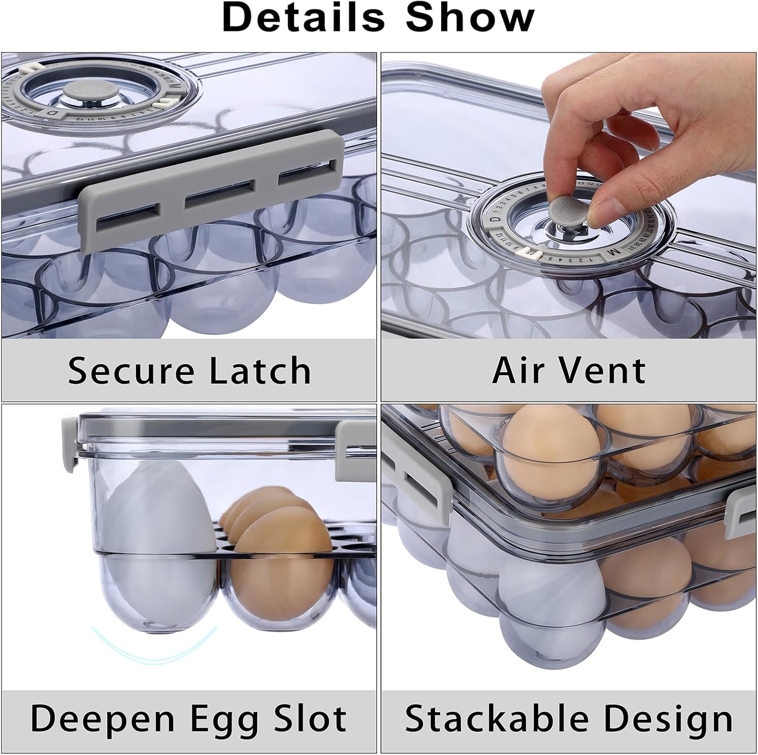 BTSKY Premium Plastic Egg Holder for Fridge - 24 Egg Refrigerator Container, Organizer with Time Reminder and Lid