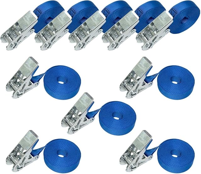 Amazon Basics Ratchet Lashing Straps, 6 m Long, 25 mm Wide, Load Capacity 800 kg, DIN EN 12195-2 Passed - Blue (10-Pack)