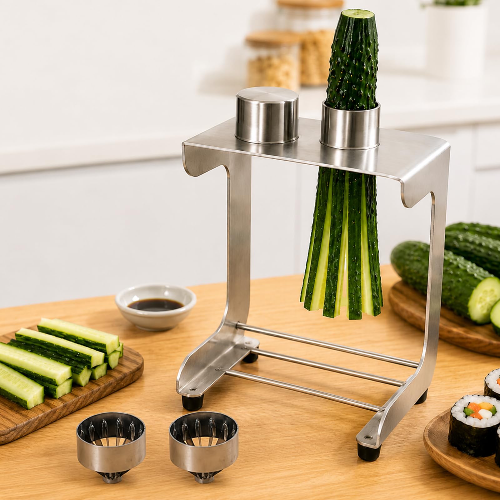 Cortador de pepino, cortador manual de tiras de verduras con 3 cuchillas (corte 8/10/12), 45 mm de diámetro, herramienta de acero inoxidable para sushi, ensalada, preparación de comidas