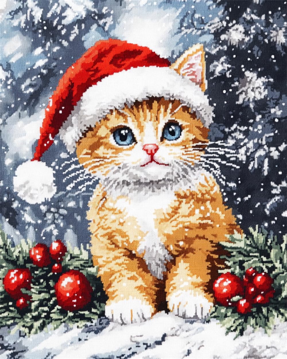 Tapis Brodé à la Main Chaton de Noël : Kit Point Noué Adulte DIY