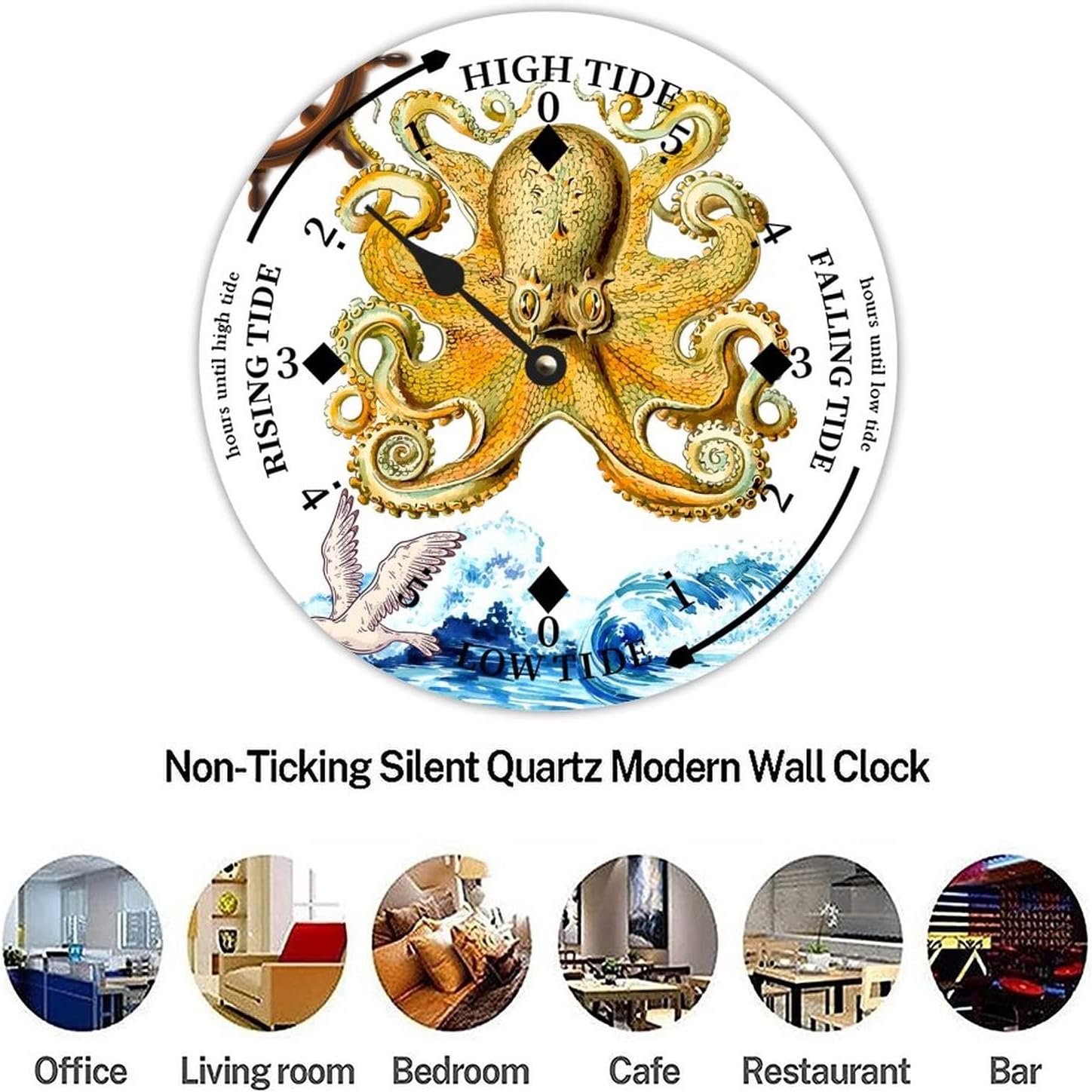 Ocean Octopus Wood Tidal Clock Ocean Time Maritime Coastal Beach High Tide Low Tide Clock Rustic Wooden Nautical Tide Movement Vintage Decor for Beach House Kitchen Wall Art 12x12 in