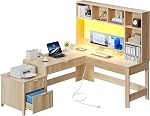YITAHOME L Shaped Desk with Hutch & Drawers, Natural Oak, 67" | Computer Desk Gaming Desk, Power Outlets & LED Lights, Wood Home Office Desk with Printer Stand