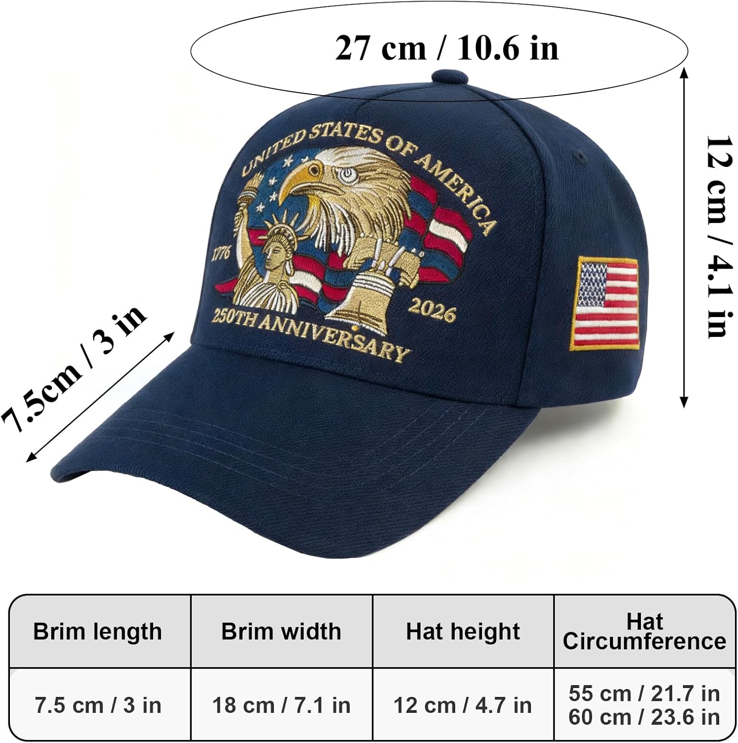 Hat for Men & Women 100% Embroidered - United States 250th Anniversary Adjustable B... - Image 6