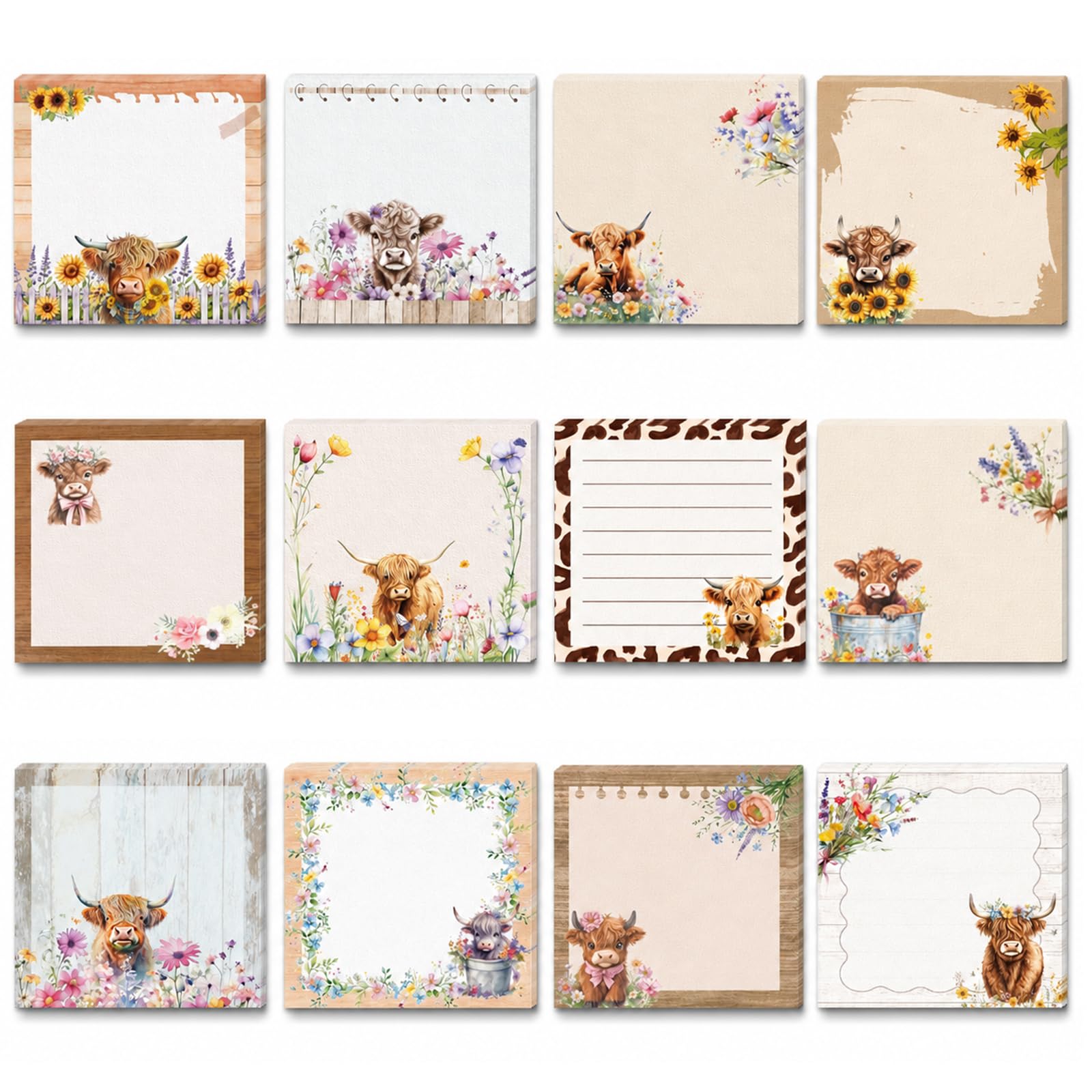 12 Pack Highland Cow Sticky Notes, 240 Sheets Cute Post It Notes for DIY Scrapbooking and Memo, No Residue Novelty Stationery for Office and Study, Creative Highland Cow Gifts for Cow Enthusiasts
