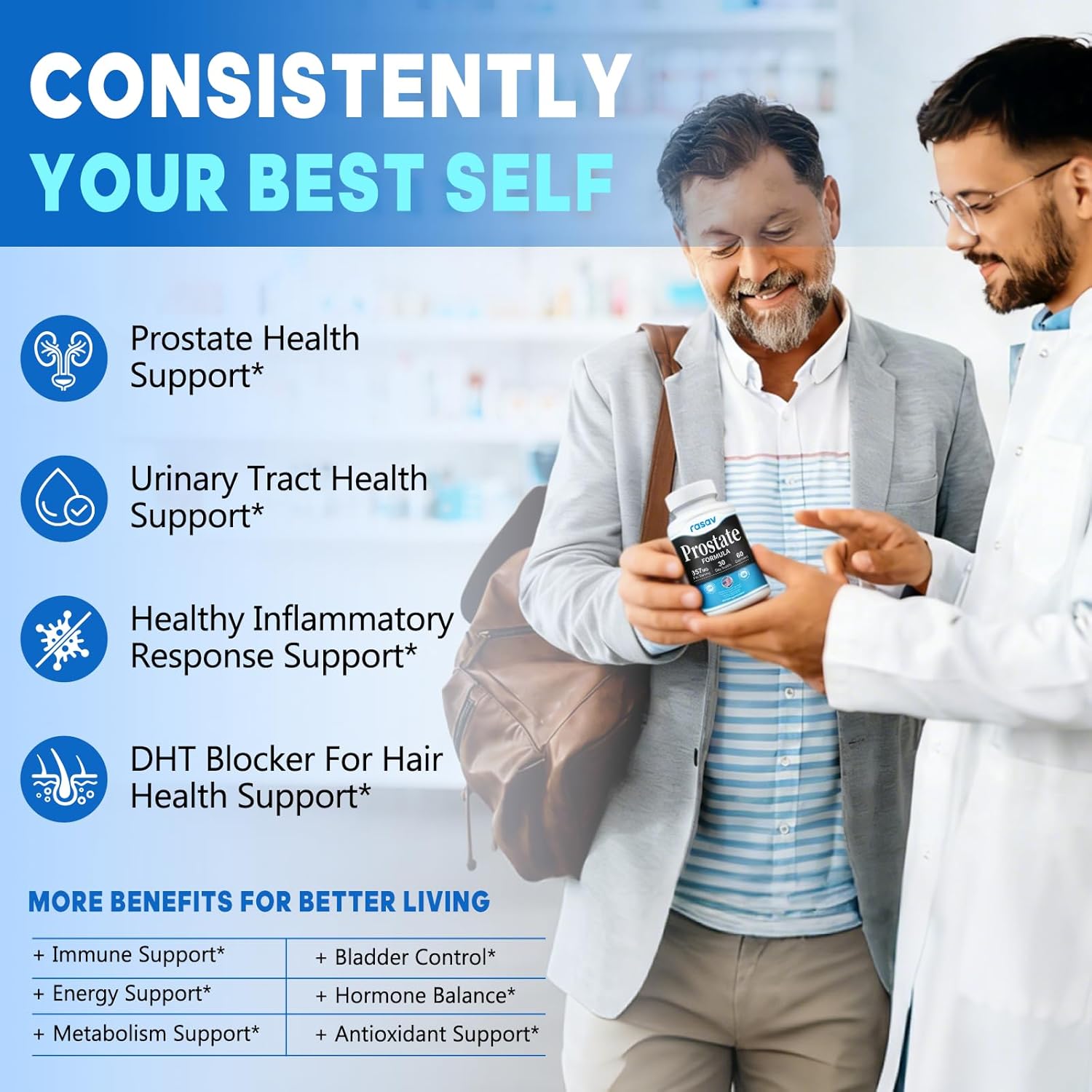 Rasav Prostate Health Supplement for Men with Saw Palmetto, Pygeum, Nettle & Pumpkin Seed, DHT Blocker - Helps Support Urinary Tract Health and Prostate Function, 60 Capsules - Image 3