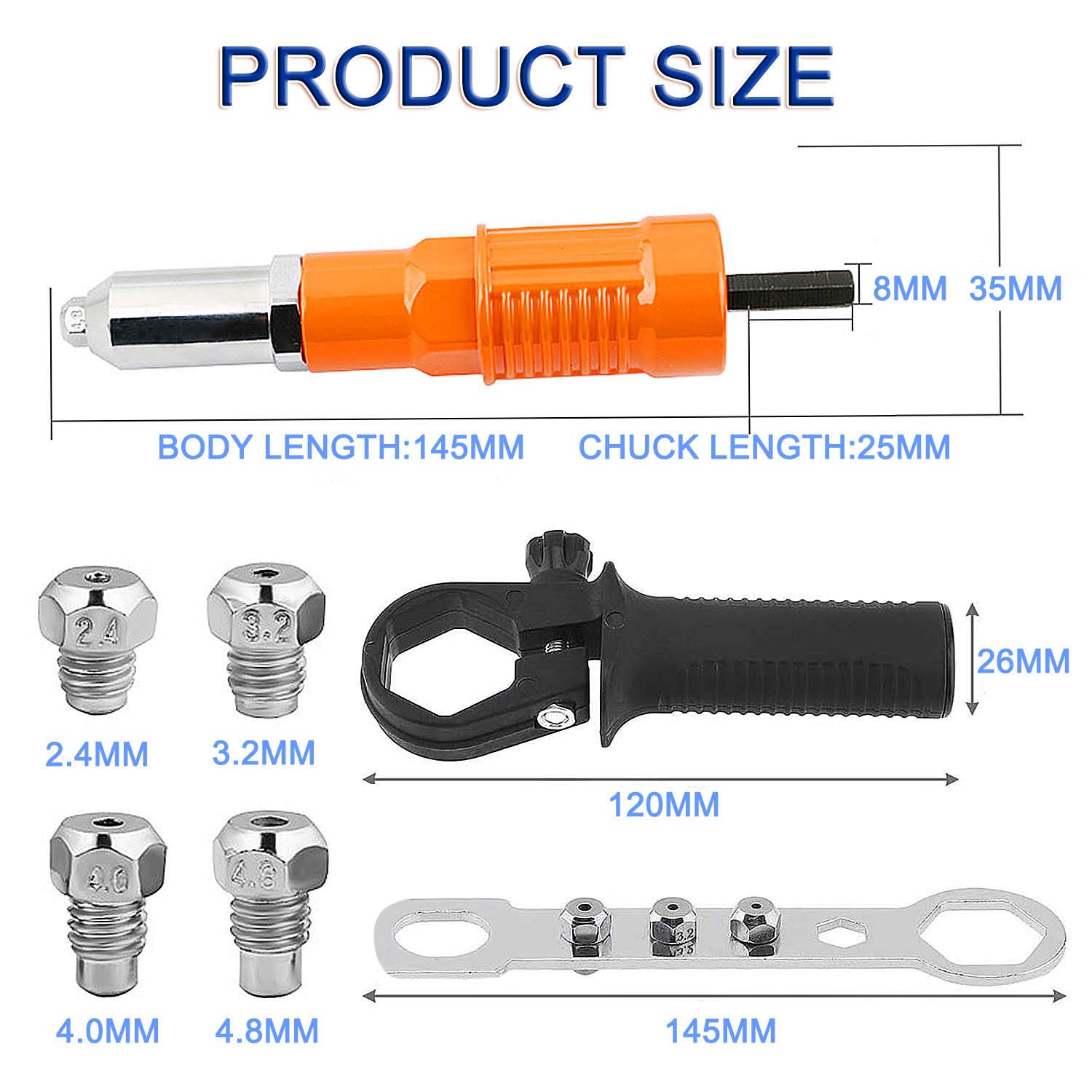 Adaptateur Perceuse Pour Pince à Riveter - Converter Pour Rivets 2.4 à 4.8mm - Avec Poignée Et Clés (Noir)