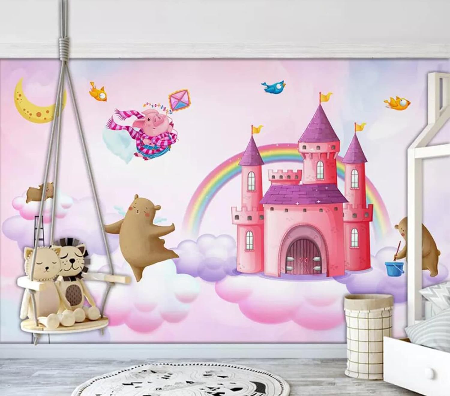 Papier peint lune et château rose 3D pour transformer un mur vide