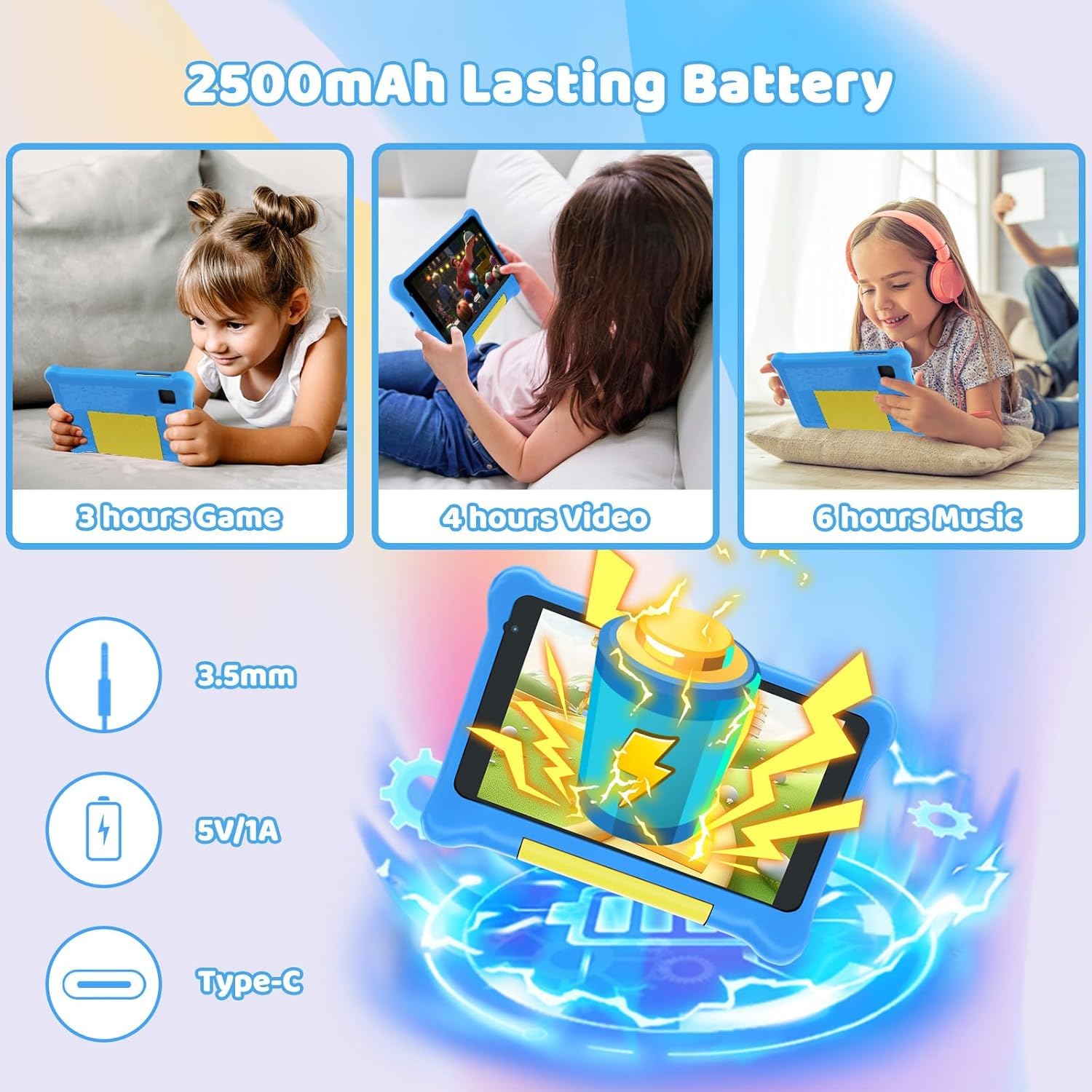 Whitedeer 7 Inch Kids Tablet, Android 13 Tablet for Kids, 5GB+32GB+128GB, Pre-installed kids Apps, 1024x600, 2500mAh, 0.3MP+2MP Dual Camera, WiFi 6, BT5.2, Android Tablet with Shockproof Case(Blue) — view 6