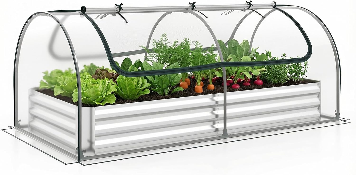 COSTWAY Raised Garden Bed with Greenhouse, Outdoor Elevated Planter Box with PVC/PE Cover & Dual 2-Tier Roll-Up Windows, Steel Mini Growhouse for Patio (PVC Cover, Silver+Clear, 202 x 101 x 81cm)