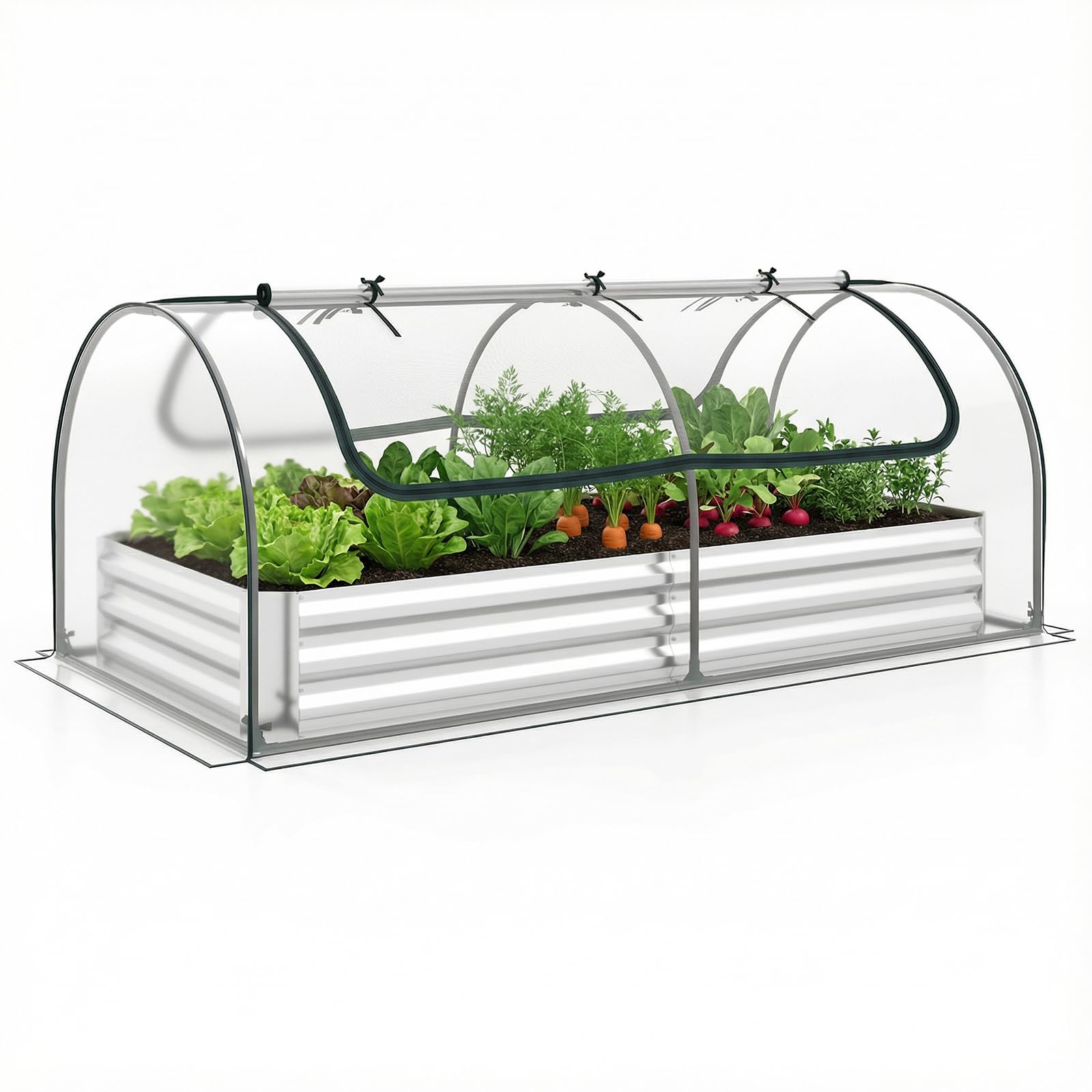 COSTWAY Orto Rialzato Zincato con Serra, Aiuola Senza Fondo con Copertura Trasparente, Fioriere con Finestre Avvolgibili per Giardino e Terrazzo (202 x 101 x 81 cm)