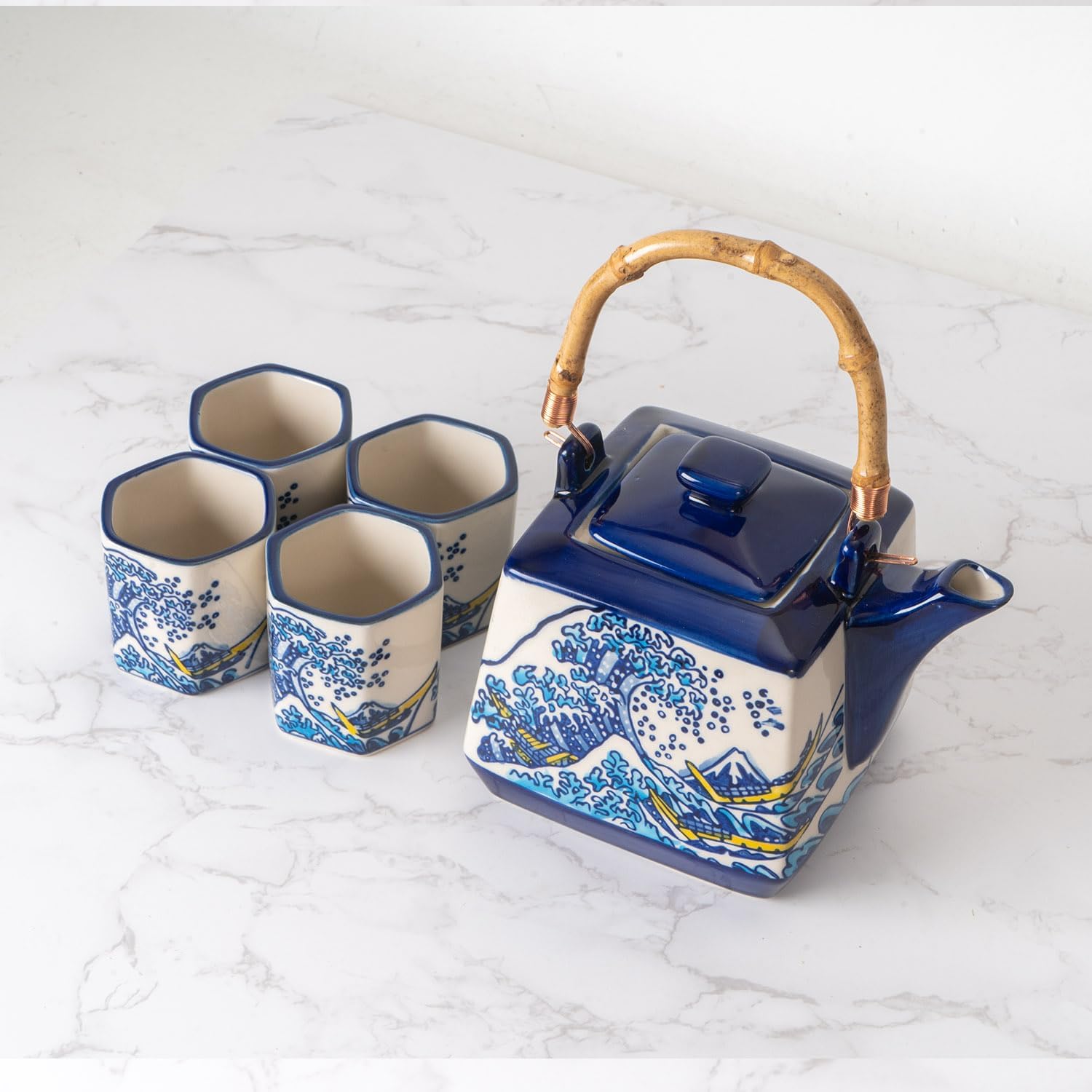 Japanese Style Perfect Square Shape Porcelain Tea Set Teapot with Strainer Wooden Handle and 4 Hexagon Tea Cups Handpainted Hokusai Kanagawa Wave Design Tea Set